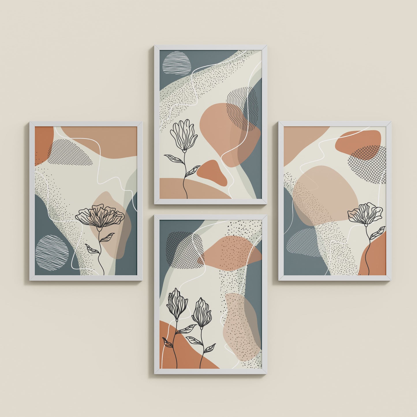 Inclined Floor View of Line & Leaf – Boho Abstract Wall Art Set of 4 in White Color Frame