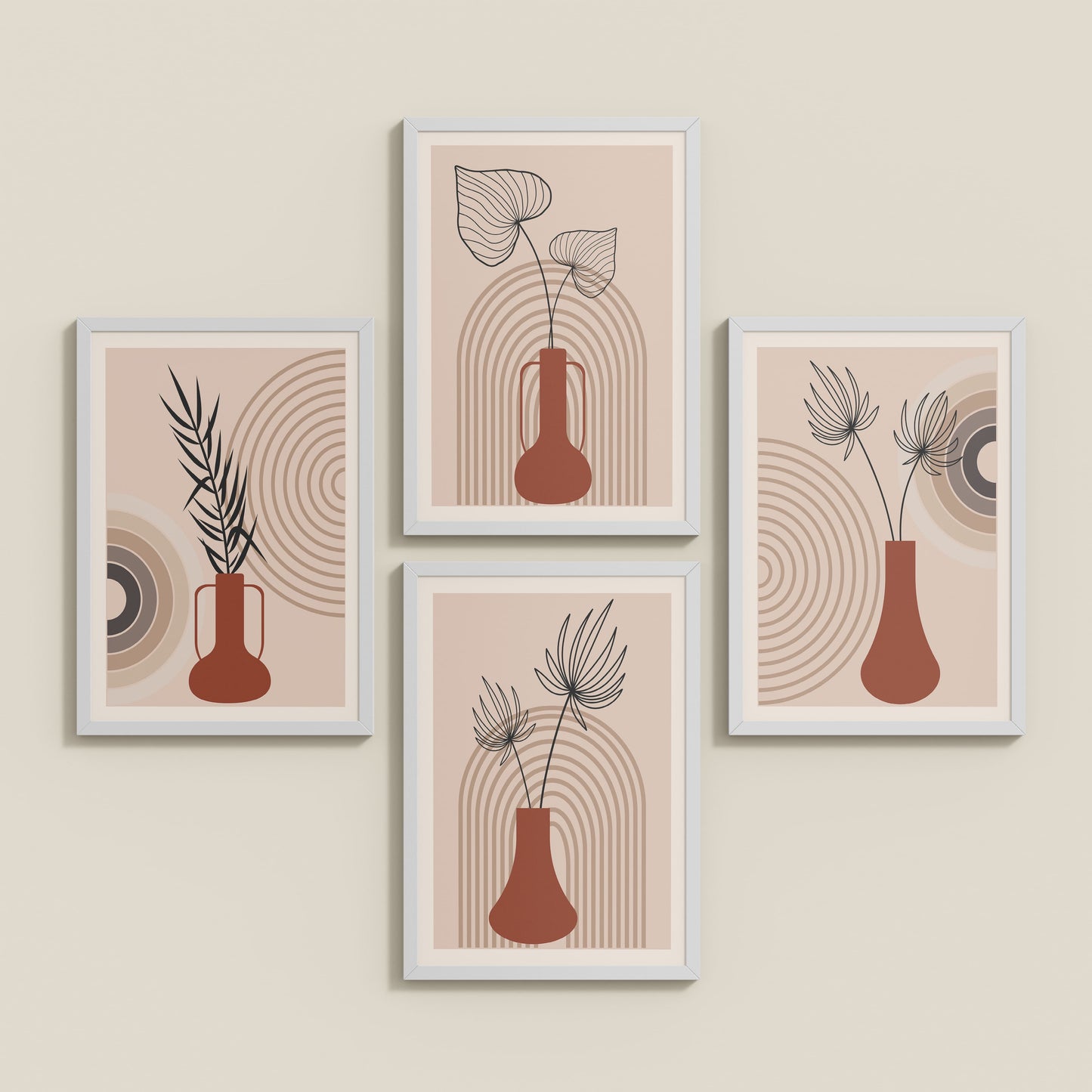 Inclined Floor View of Boho Botanical Plant Wall Art Set of 4 in White Color Frame