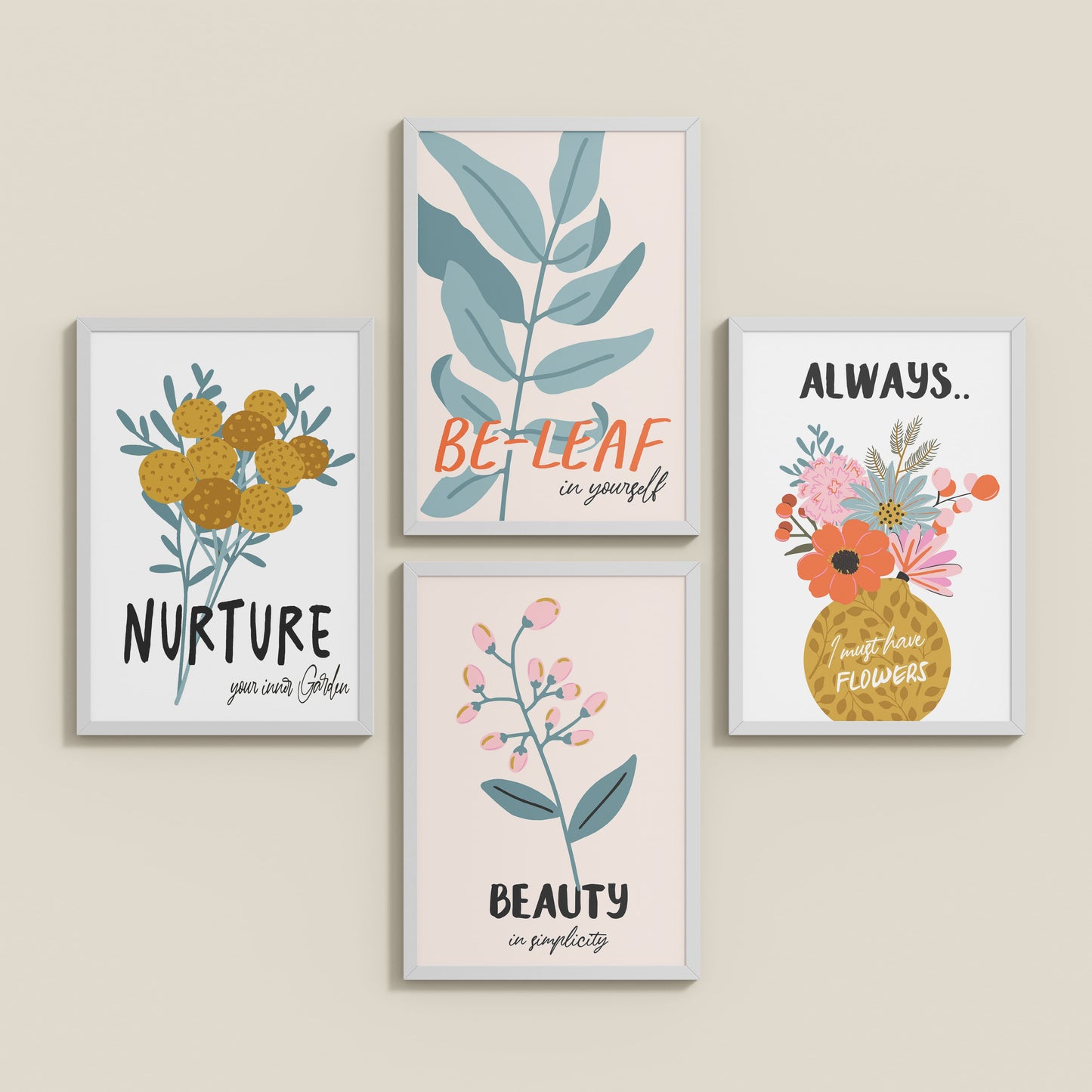 Inclined Floor View of Grow & Glow – Plant-Inspired Positive Wall Art Set of 4 in White Color Frame