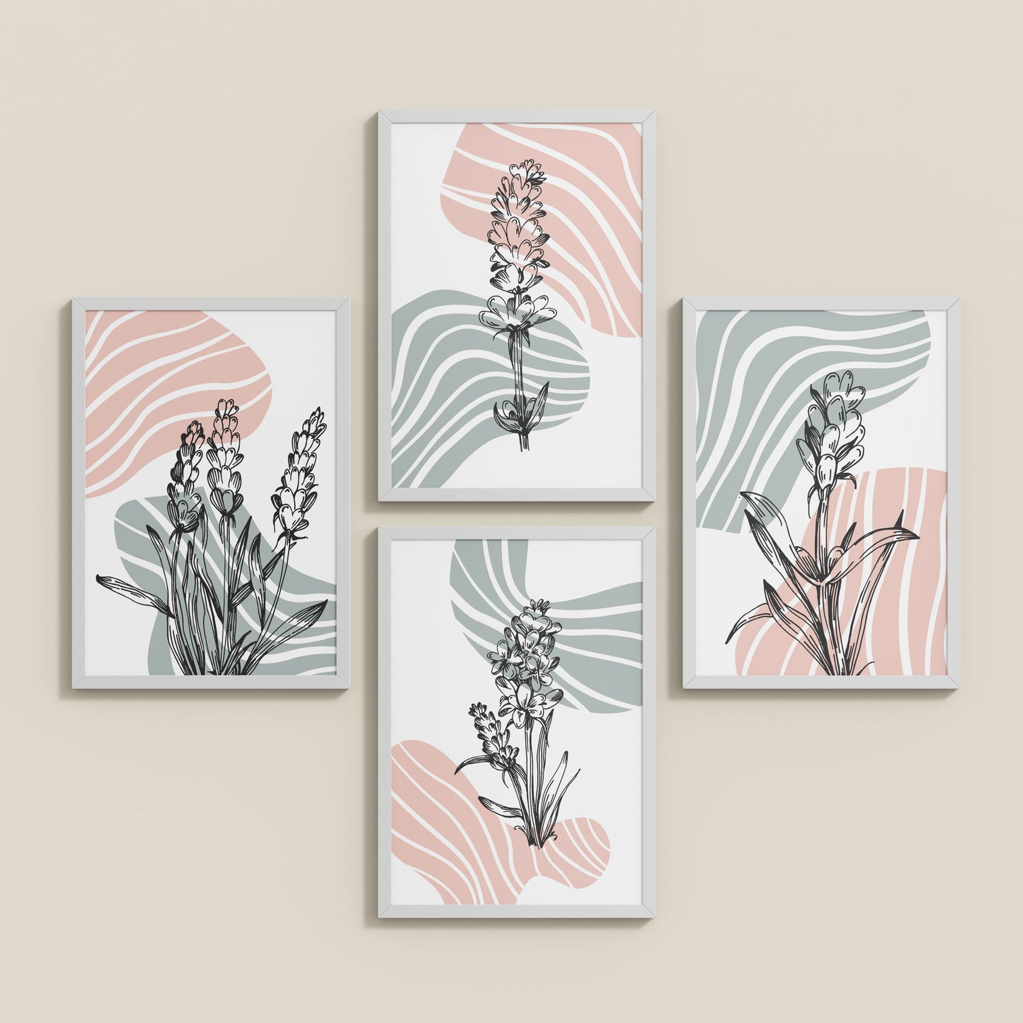 Inclined Floor View of Abstract Hand-Printed Lavender Essence Wall Art Set of 4 in White Color Frame