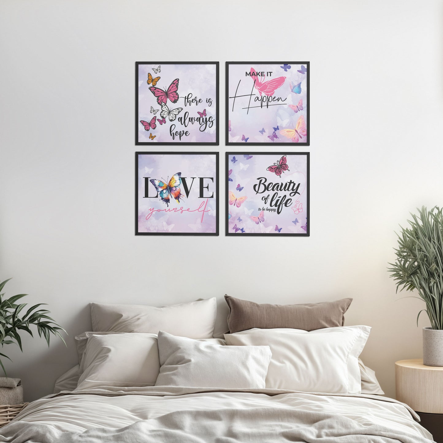 Bed Room Preview of Live Brightly – Hope, Love & Motivation Quote Set of 4 in Black Color Frame