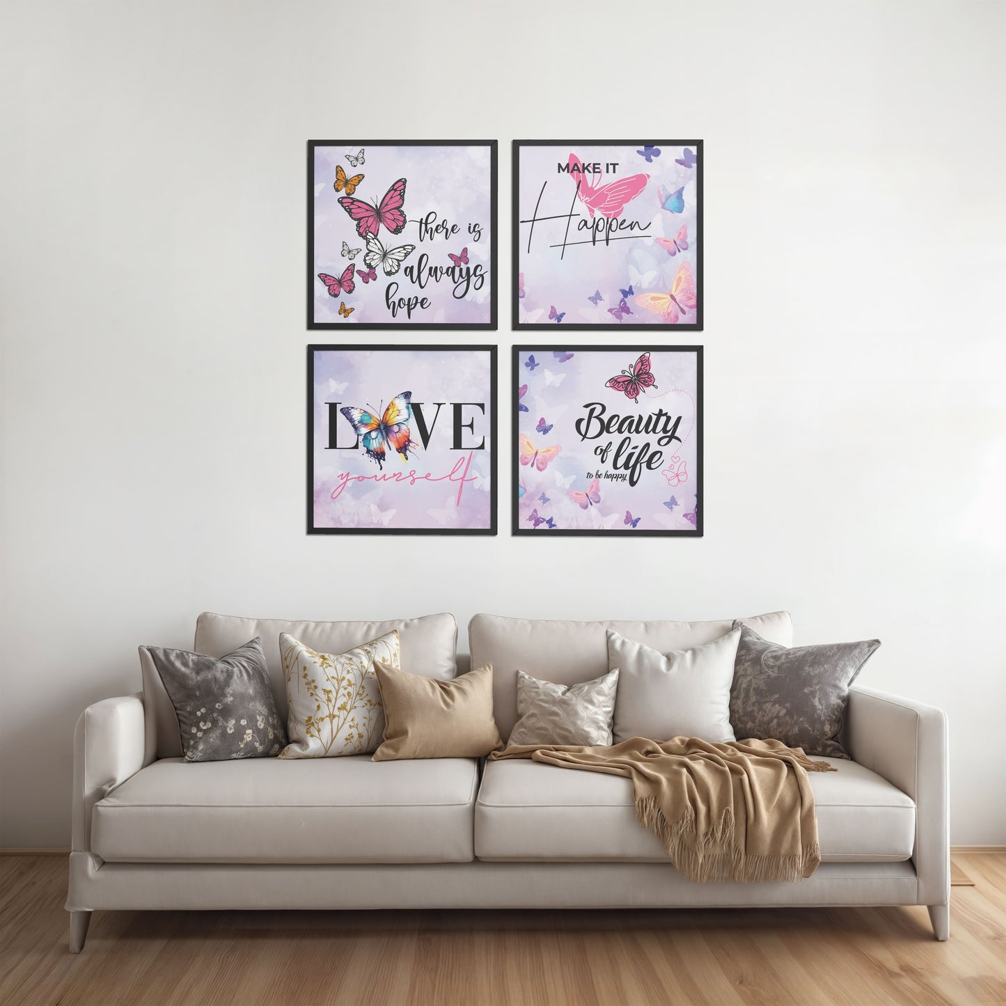 Living Room Sofa Preview of Live Brightly – Hope, Love & Motivation Quote Set of 4 in Black Color Frame