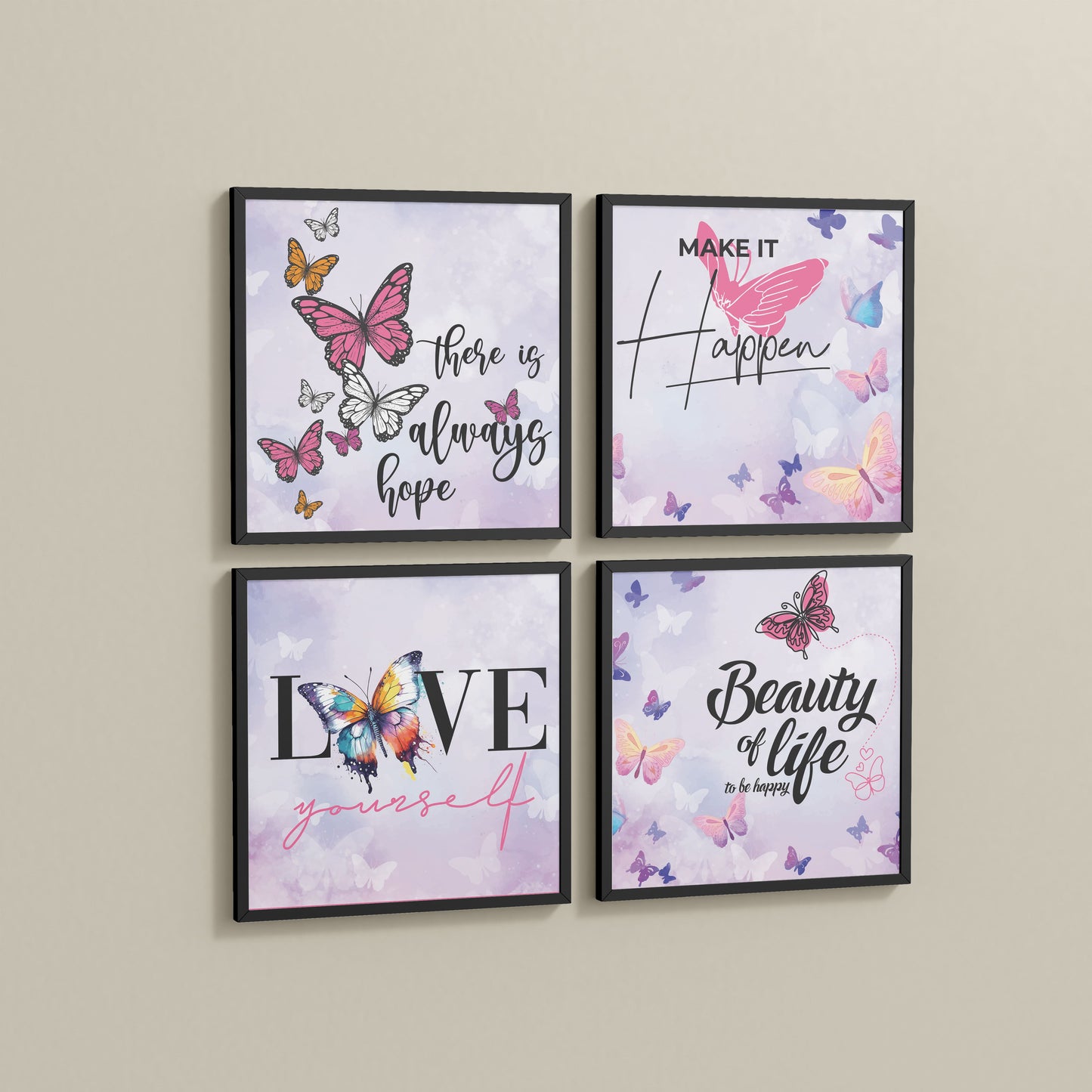 Side View of Live Brightly – Hope, Love & Motivation Quote Set of 4 in Black Color Frame