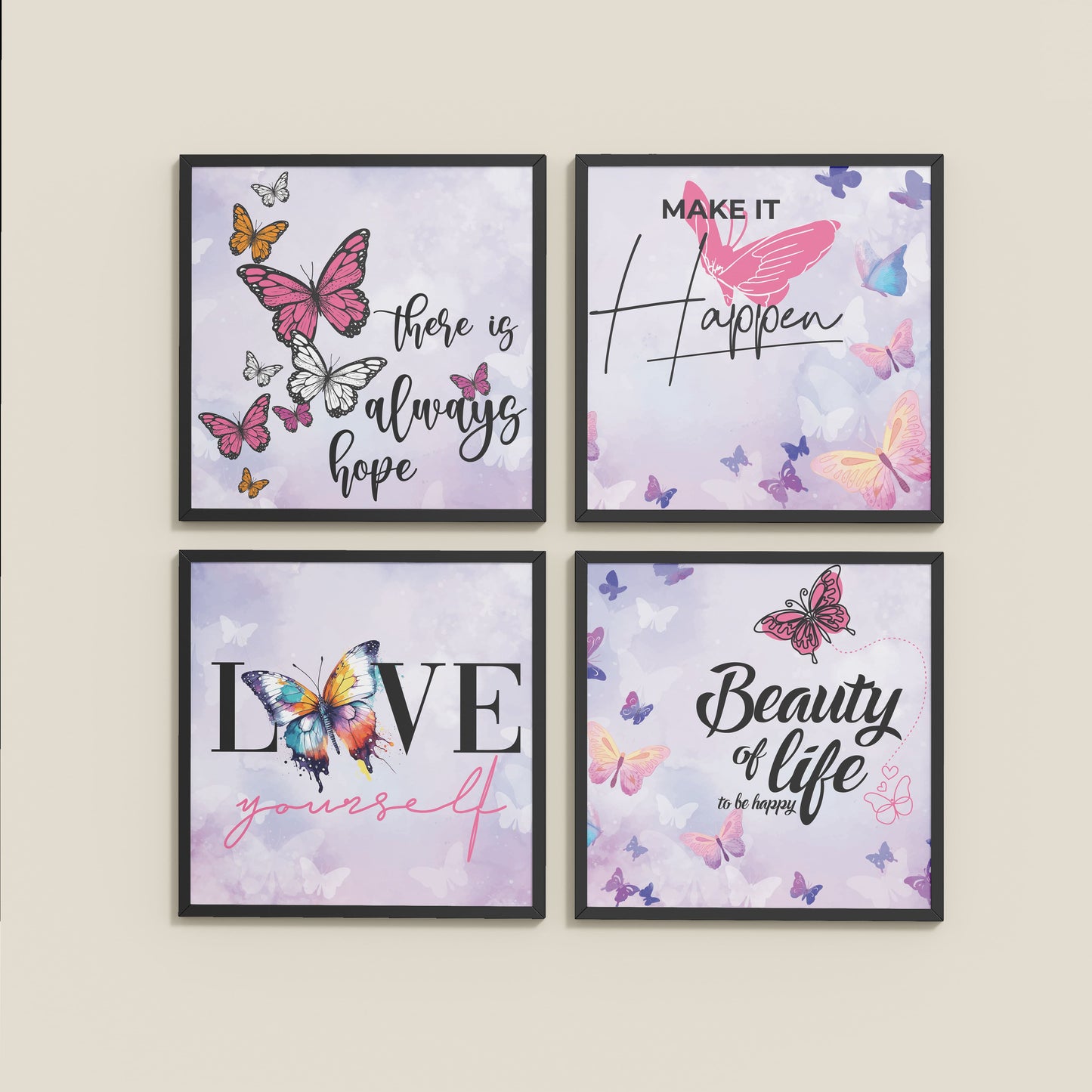 Wall View of Live Brightly – Hope, Love & Motivation Quote Set of 4 in Black Color Frame