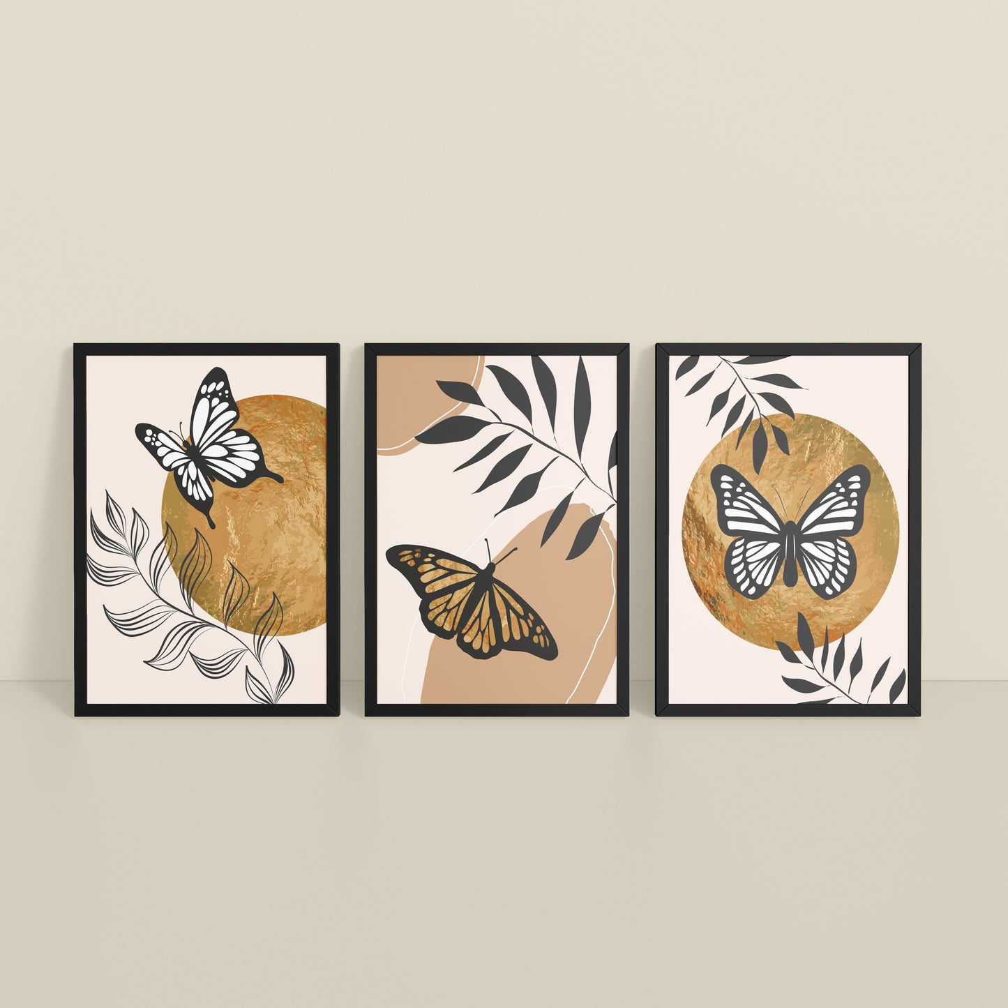 Inclined Floor View of Wings of Wander – Butterfly & Nature Wall Art Set of 3 in Black Color Frame