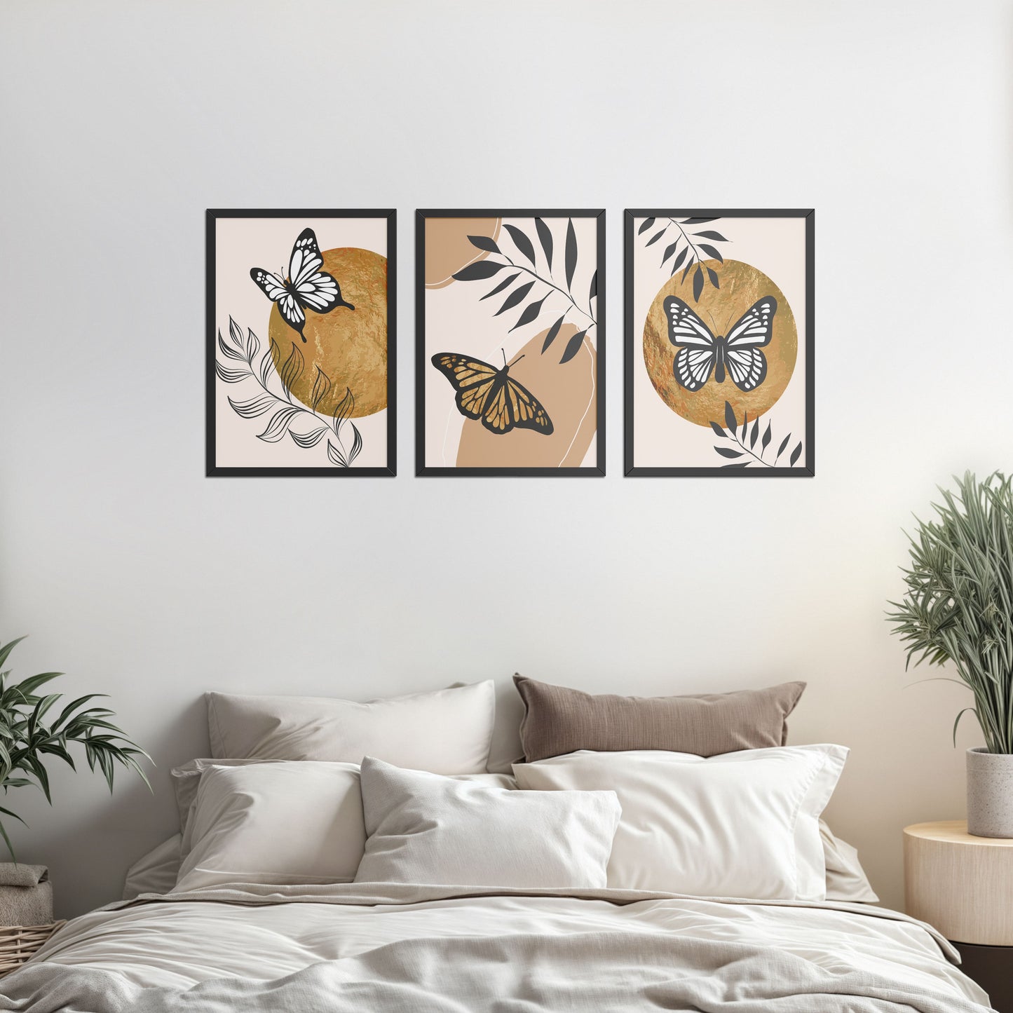 Bed Room Preview of Wings of Wander – Butterfly & Nature Wall Art Set of 3 in Black Color Frame