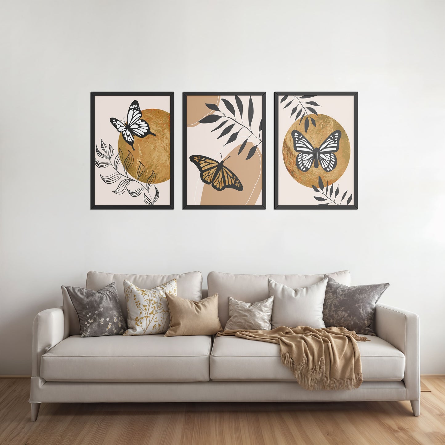 Living Room Sofa Preview of Wings of Wander – Butterfly & Nature Wall Art Set of 3 in Black Color Frame