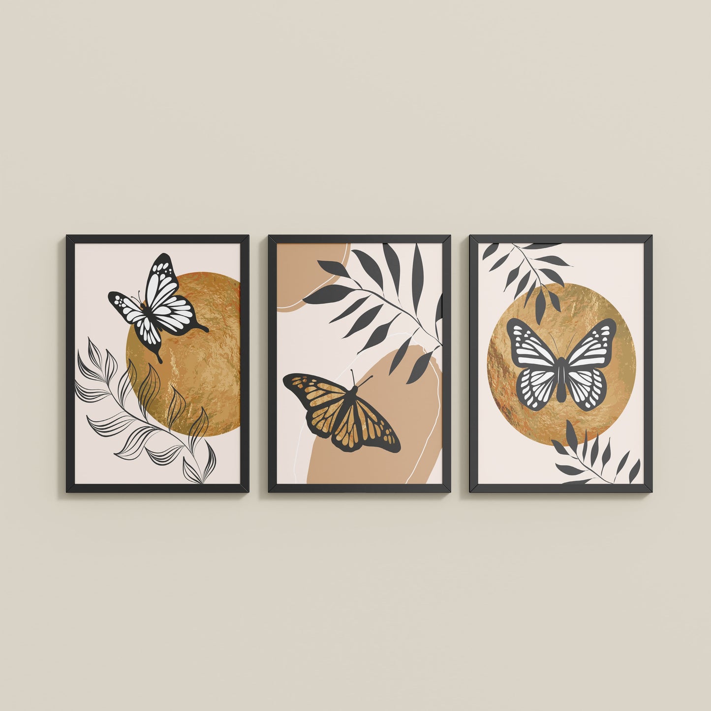 Wall View of Wings of Wander – Butterfly & Nature Wall Art Set of 3 in Black Color Frame