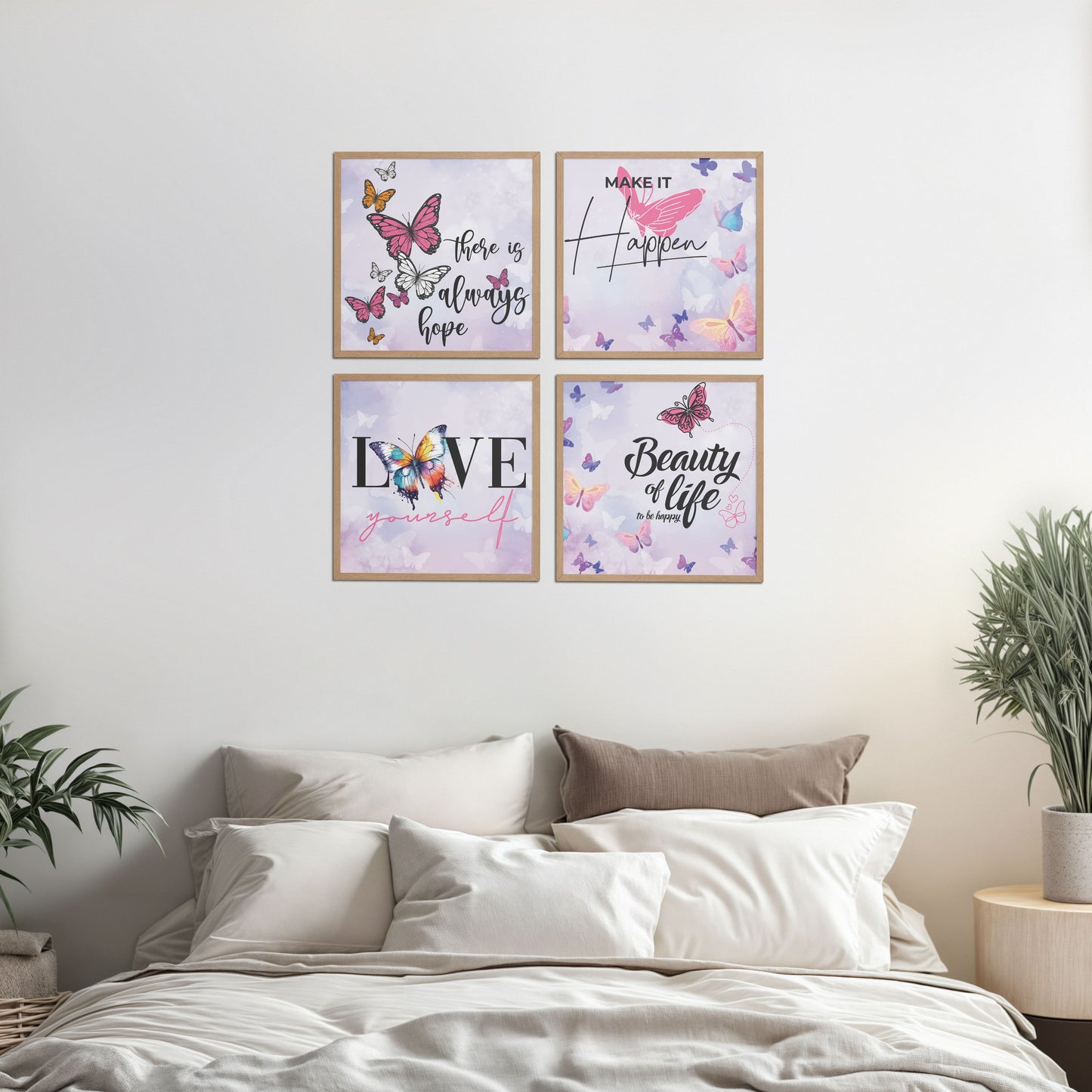 Bed Room Preview of Live Brightly – Hope, Love & Motivation Quote Set of 4 in Natrual Color Frame