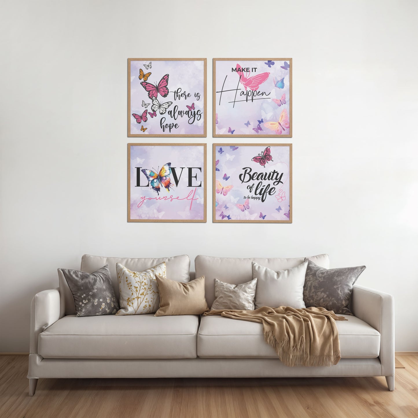 Living Room Sofa Preview of Live Brightly – Hope, Love & Motivation Quote Set of 4 in Natrual Color Frame