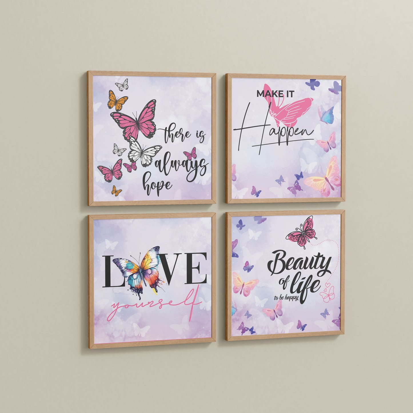 Side View of Live Brightly – Hope, Love & Motivation Quote Set of 4 in Natrual Color Frame