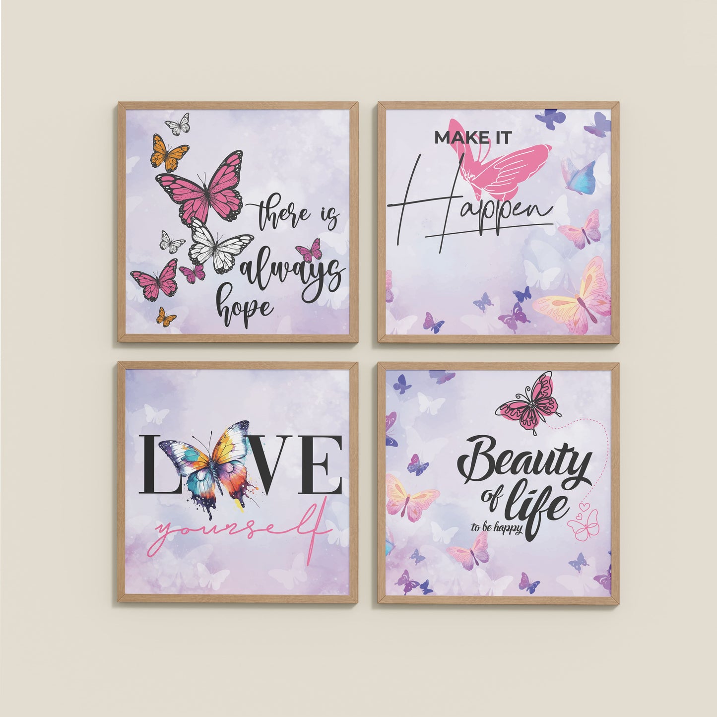 Wall View of Live Brightly – Hope, Love & Motivation Quote Set of 4 in Natrual Color Frame