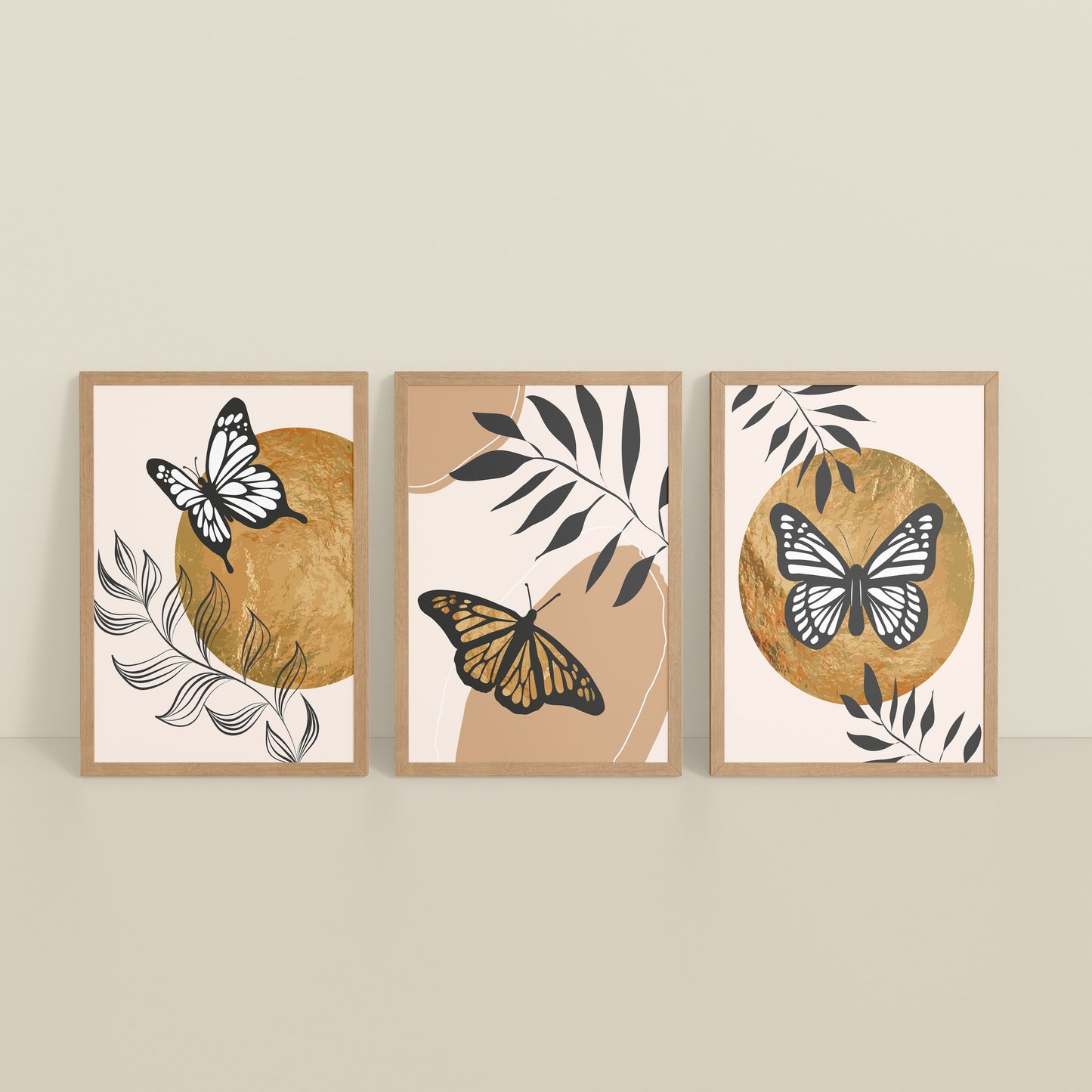 Inclined Floor View of Wings of Wander – Butterfly & Nature Wall Art Set of 3 in Natrual Color Frame