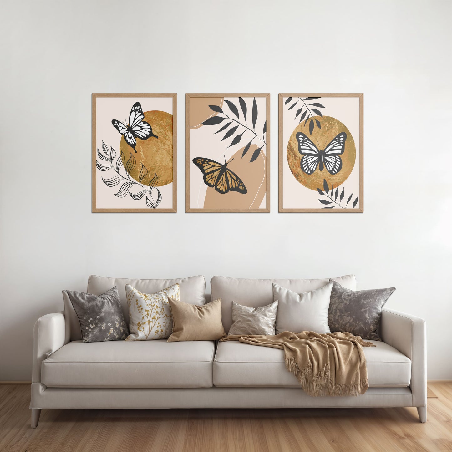 Living Room Sofa Preview of Wings of Wander – Butterfly & Nature Wall Art Set of 3 in Natrual Color Frame
