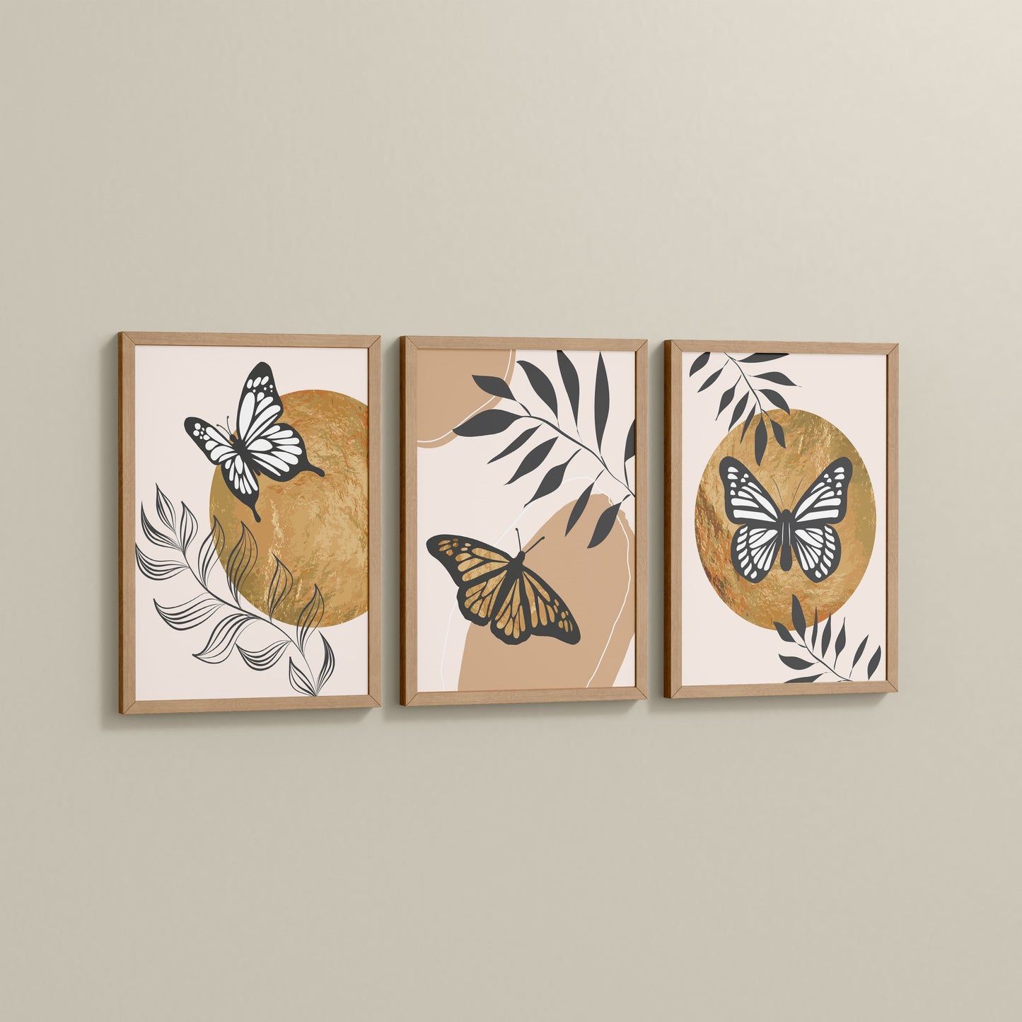Side View of Wings of Wander – Butterfly & Nature Wall Art Set of 3 in Natrual Color Frame