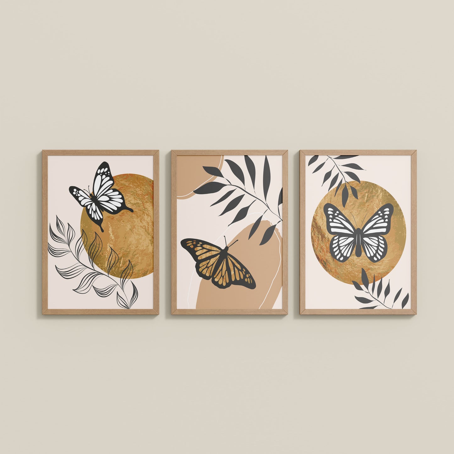 Wall View of Wings of Wander – Butterfly & Nature Wall Art Set of 3 in Natrual Color Frame