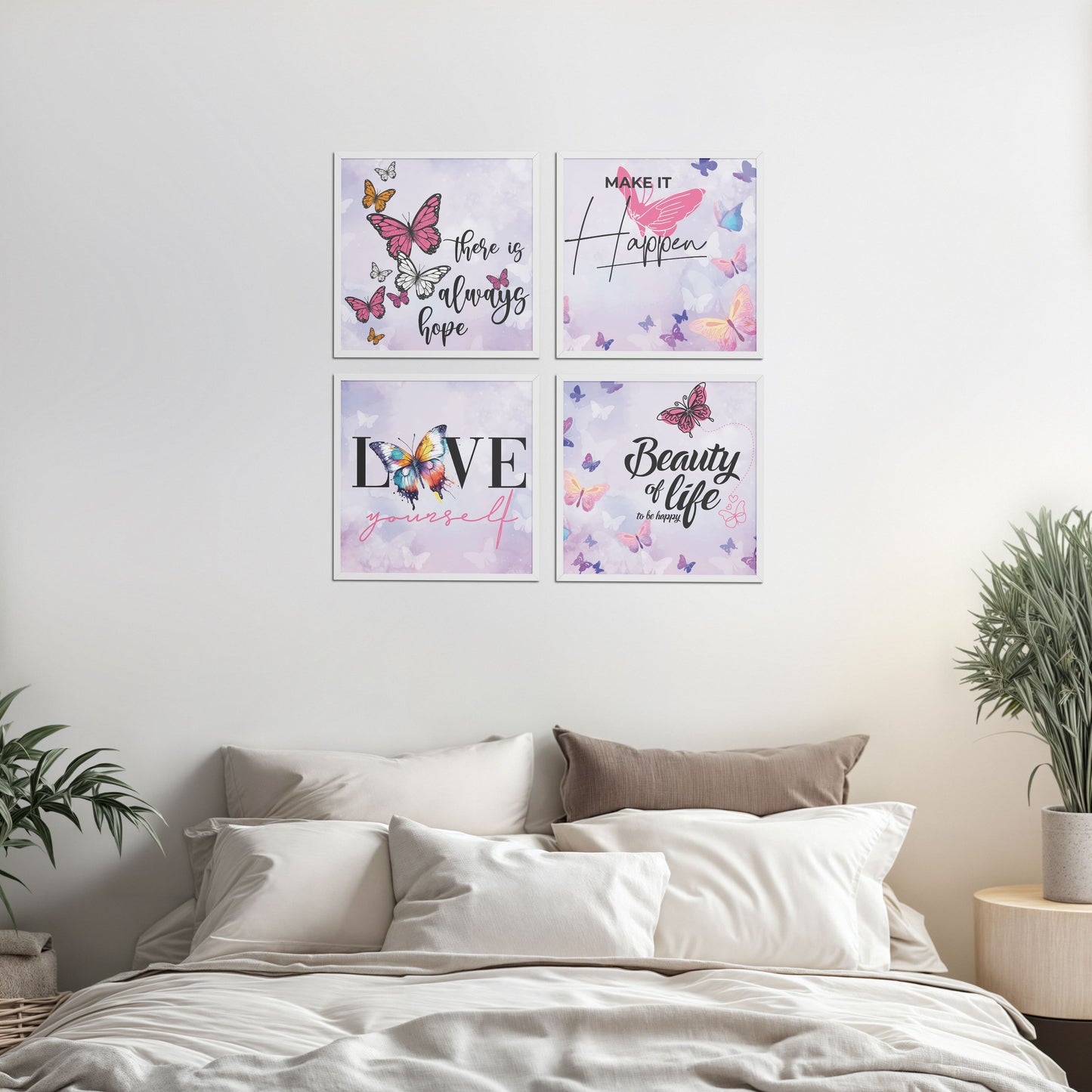 Bed Room Preview of Live Brightly – Hope, Love & Motivation Quote Set of 4 in White Color Frame