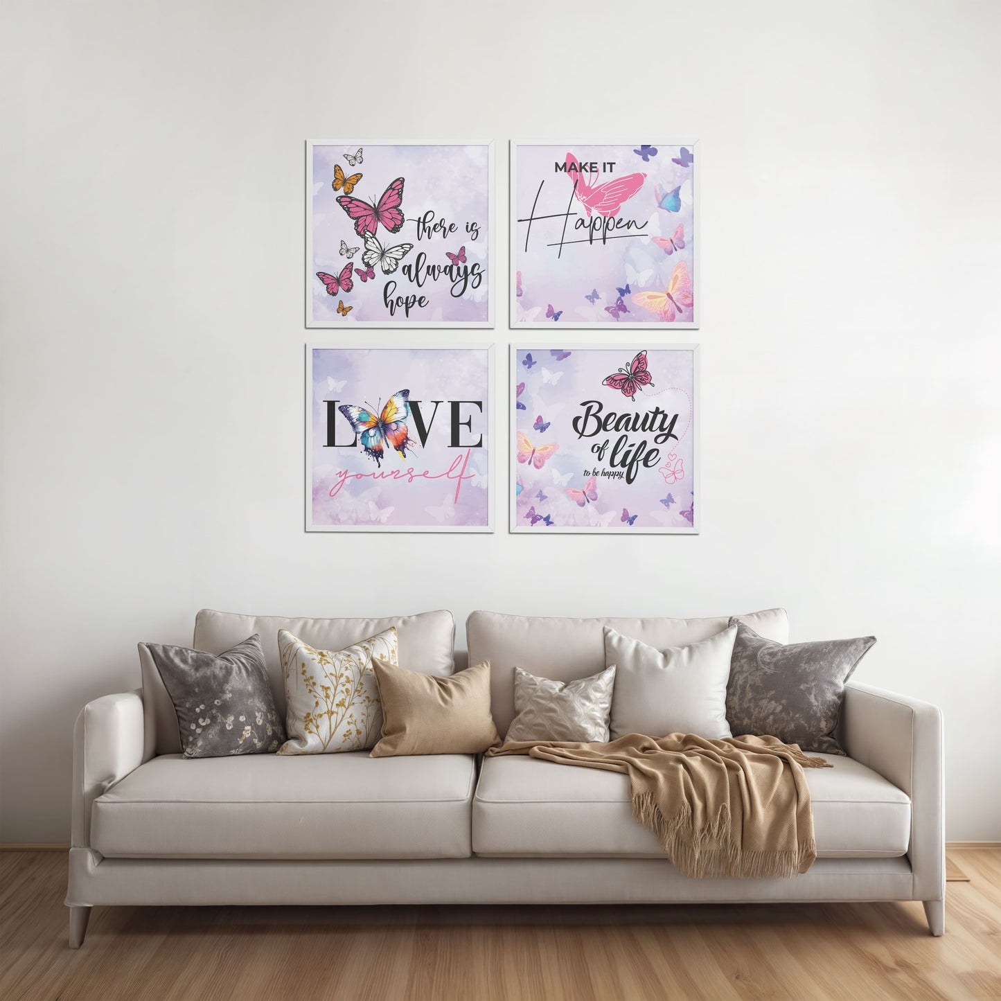 Living Room Sofa Preview of Live Brightly – Hope, Love & Motivation Quote Set of 4 in White Color Frame