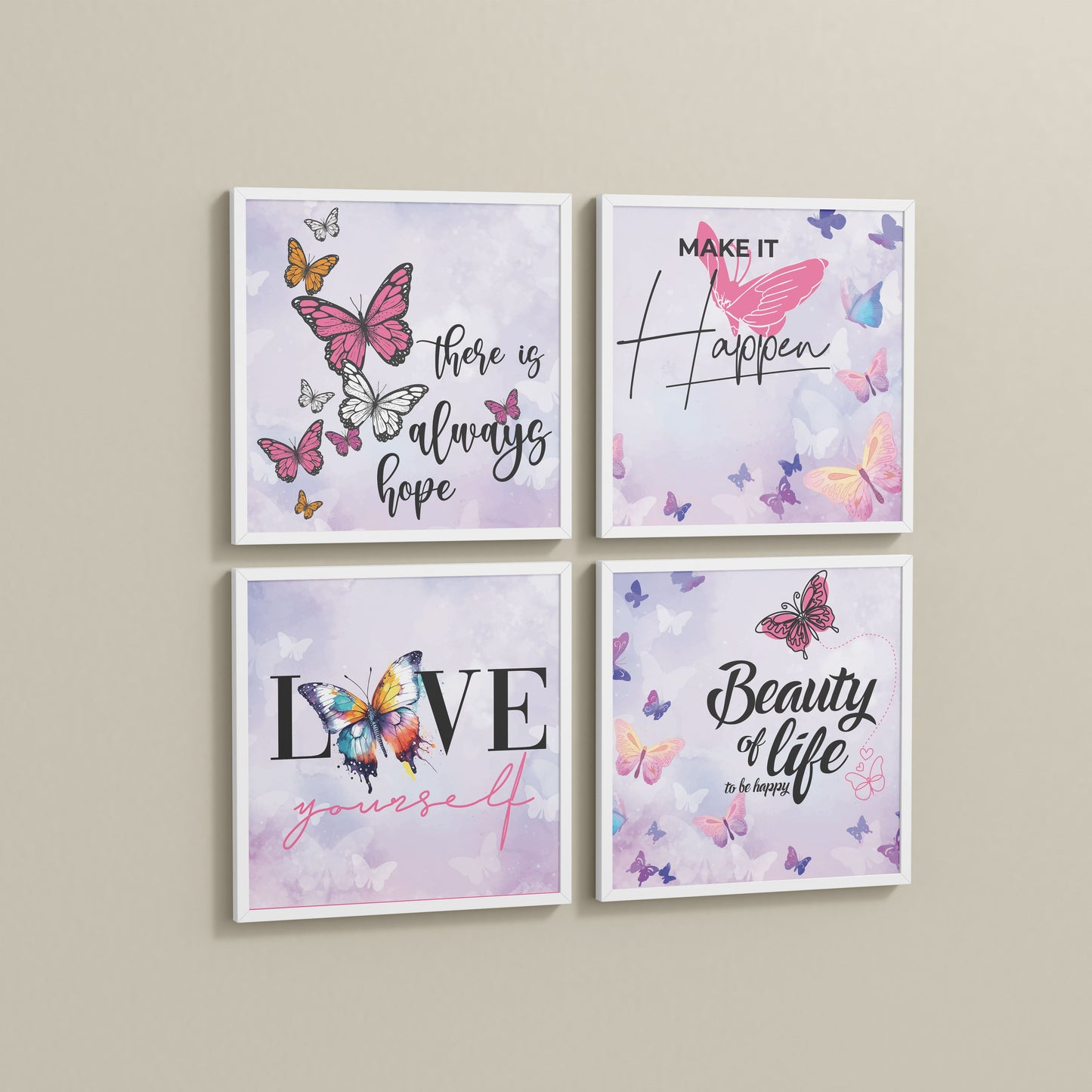 Side View of Live Brightly – Hope, Love & Motivation Quote Set of 4 in White Color Frame