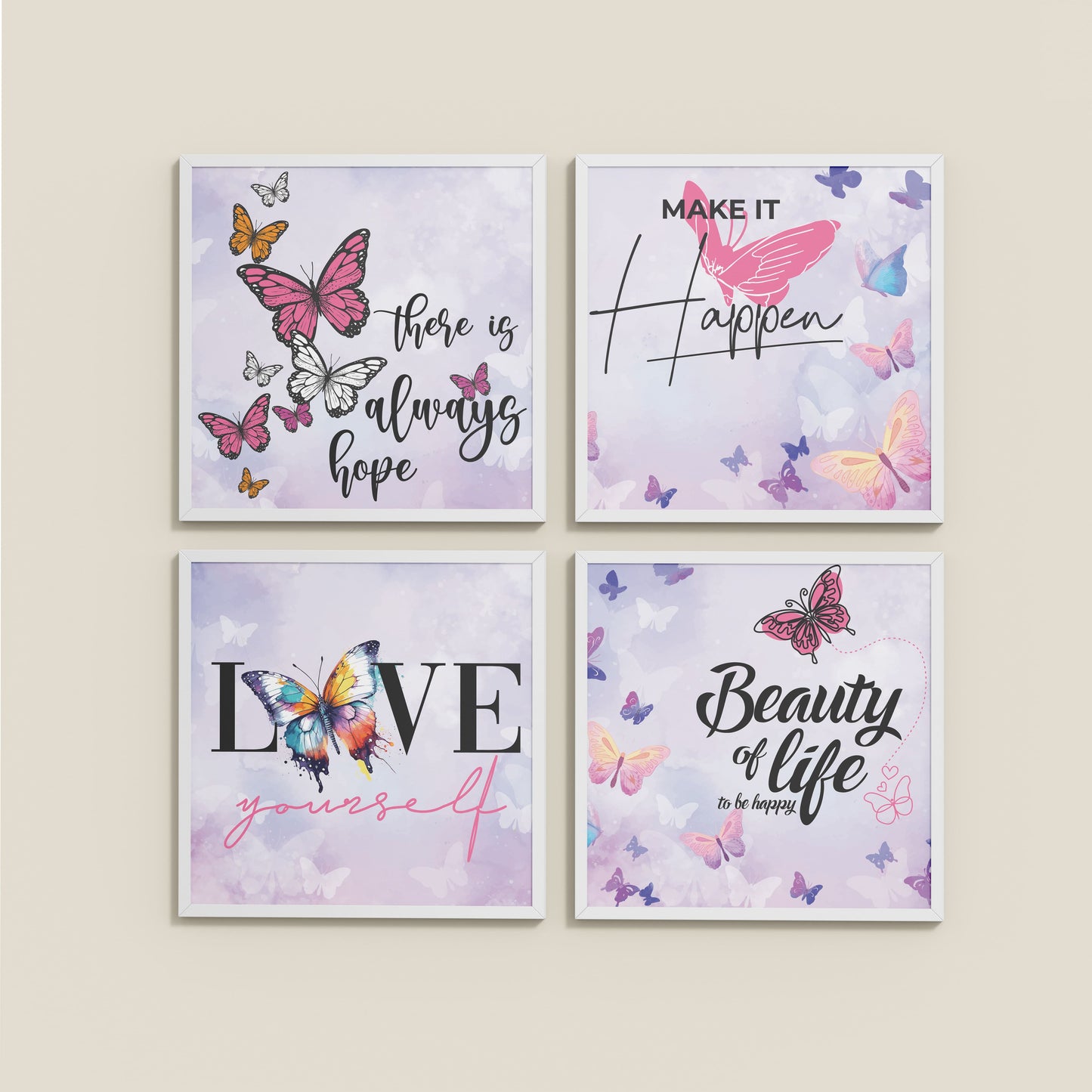 Wall View of Live Brightly – Hope, Love & Motivation Quote Set of 4 in White Color Frame