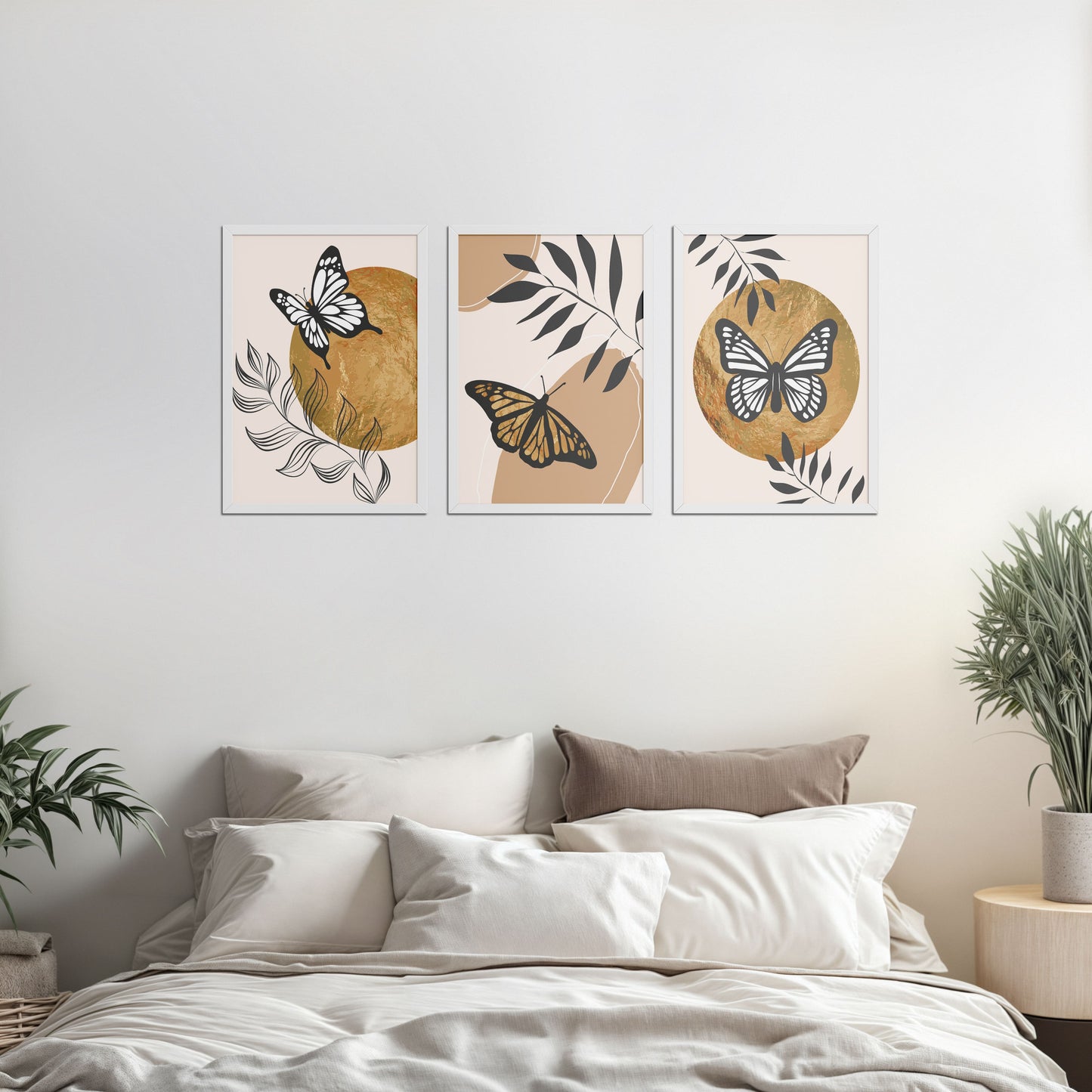 Bed Room Preview of Wings of Wander – Butterfly & Nature Wall Art Set of 3 in White Color Frame