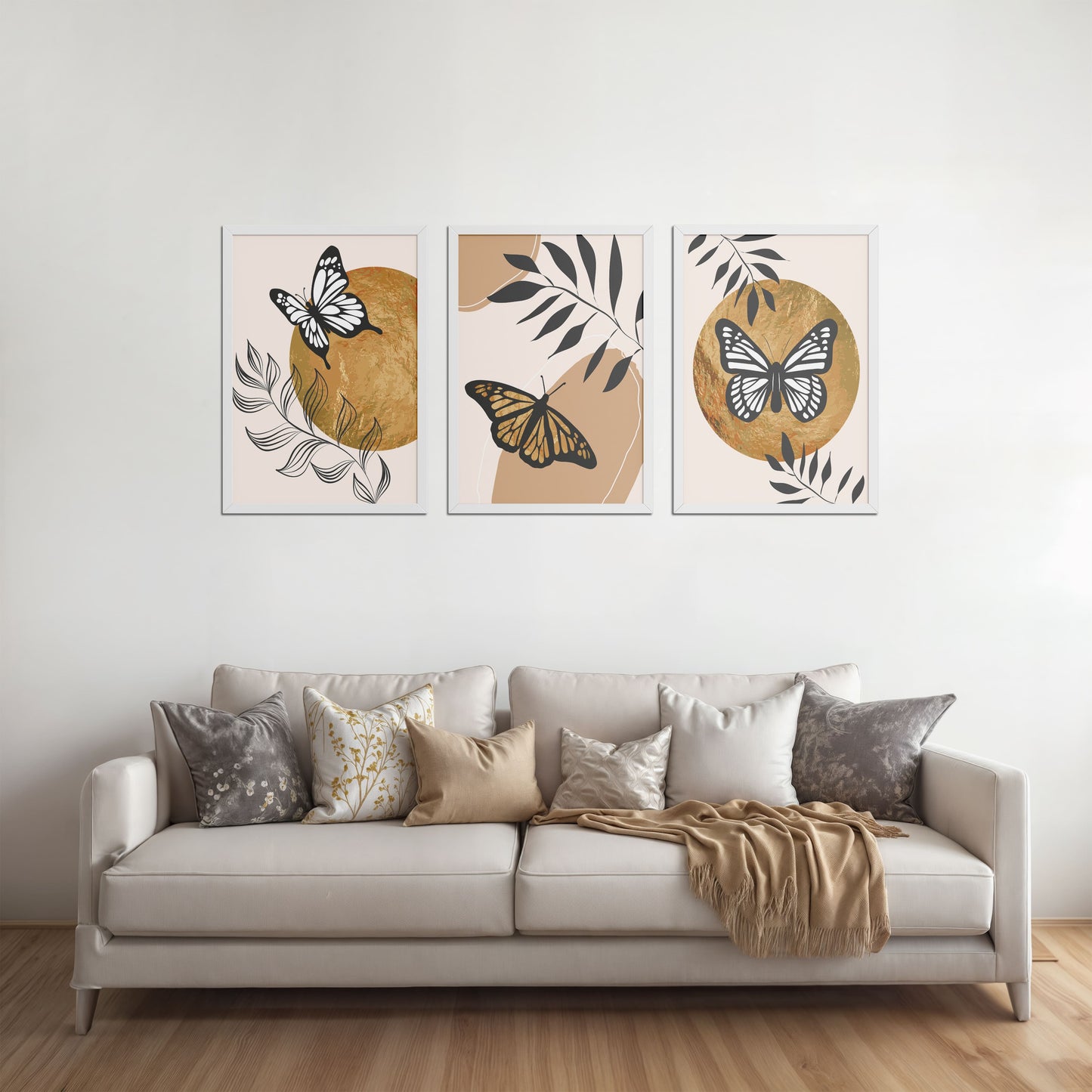 Living Room Sofa Preview of Wings of Wander – Butterfly & Nature Wall Art Set of 3 in White Color Frame