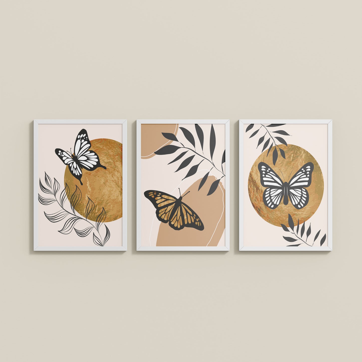 Wall View of Wings of Wander – Butterfly & Nature Wall Art Set of 3 in White Color Frame