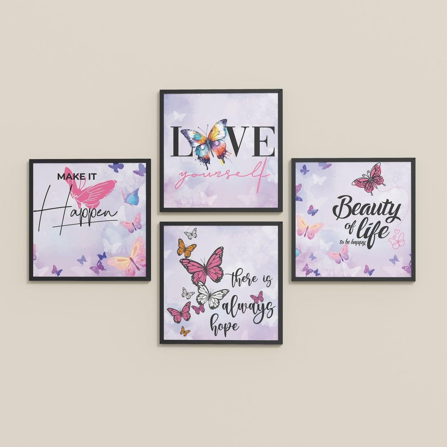 Inclined Floor View of Live Brightly – Hope, Love & Motivation Quote Set of 4 in Black Color Frame