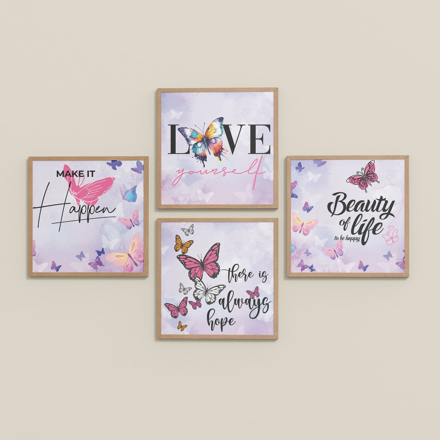 Inclined Floor View of Live Brightly – Hope, Love & Motivation Quote Set of 4 in Natrual Color Frame