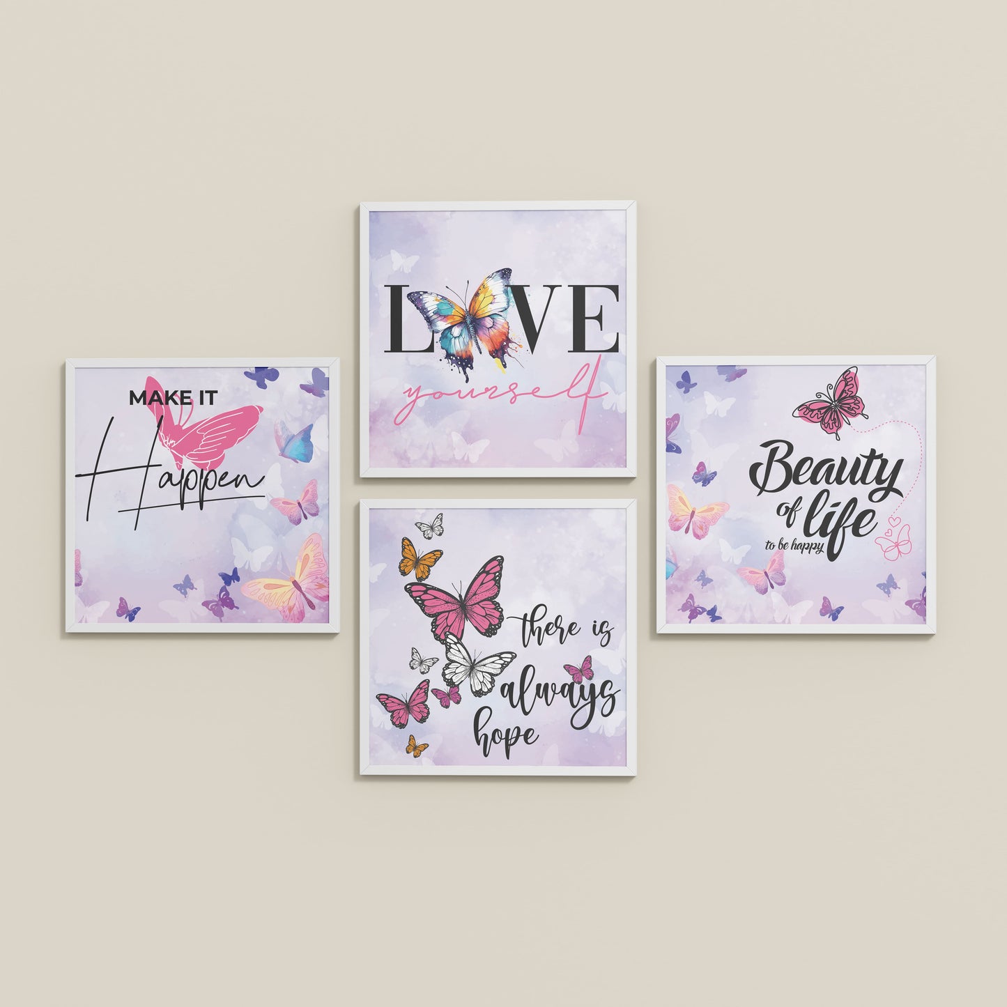 Inclined Floor View of Live Brightly – Hope, Love & Motivation Quote Set of 4 in White Color Frame