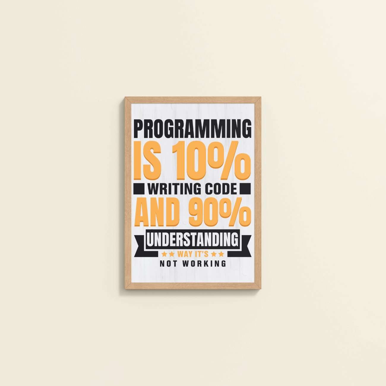 Wall View of Programming is 10% – Writing Code is 90% Wall Frame in Natrual Color Frame