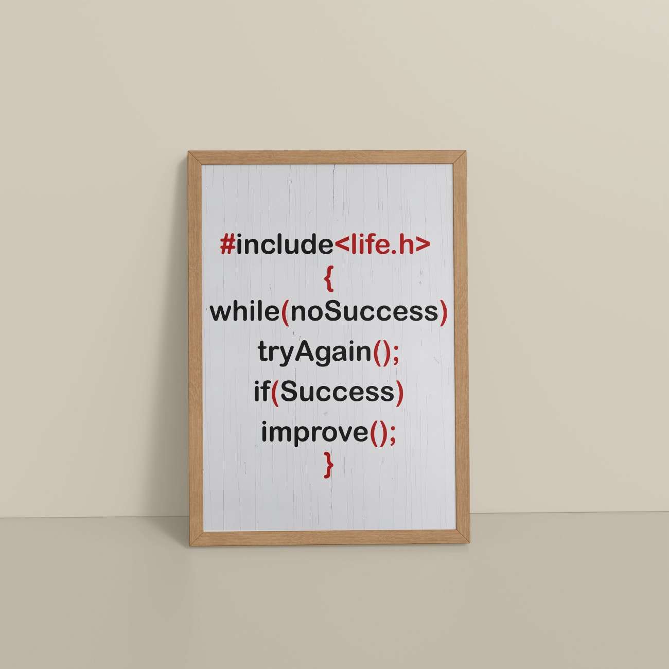 Floor View of Success Loop – Try Again & Improve Wall Art for Coders in Natrual Color Frame
