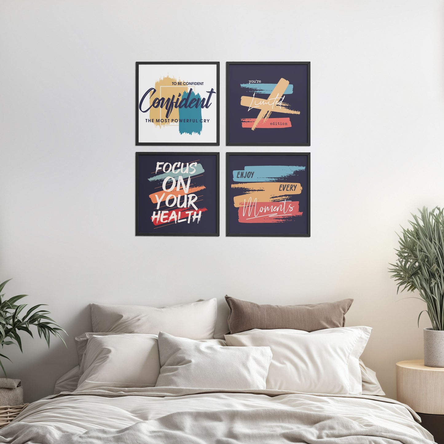 Bed Room Preview of Wellness & Self-Belief Wall Art Set of 4 Frames in Black Color Frame