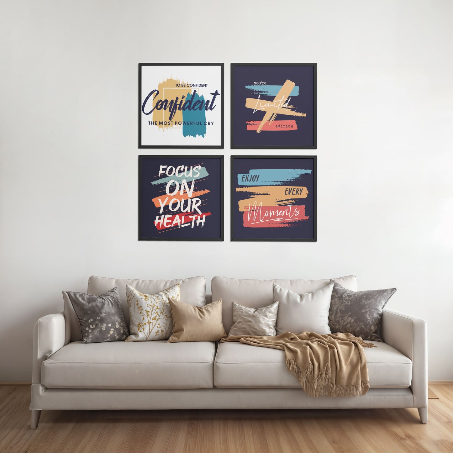 Living Room Sofa Preview of Wellness & Self-Belief Wall Art Set of 4 Frames in Black Color Frame