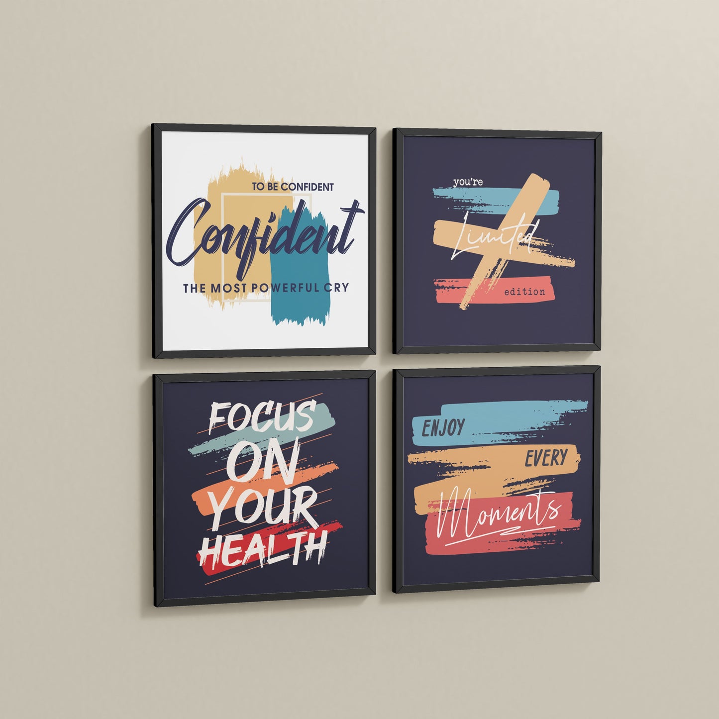 Side View of Wellness & Self-Belief Wall Art Set of 4 Frames in Black Color Frame