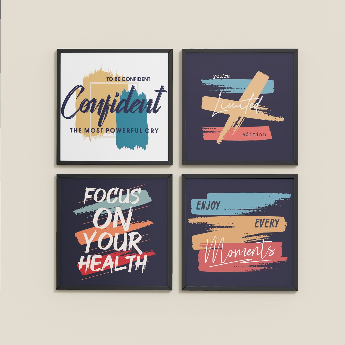 Wall View of Wellness & Self-Belief Wall Art Set of 4 Frames in Black Color Frame
