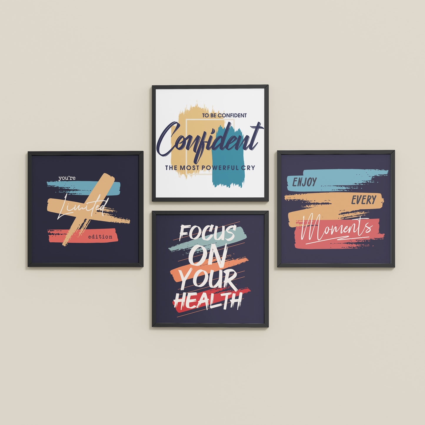 Inclined Floor View of Wellness & Self-Belief Wall Art Set of 4 Frames in Black Color Frame