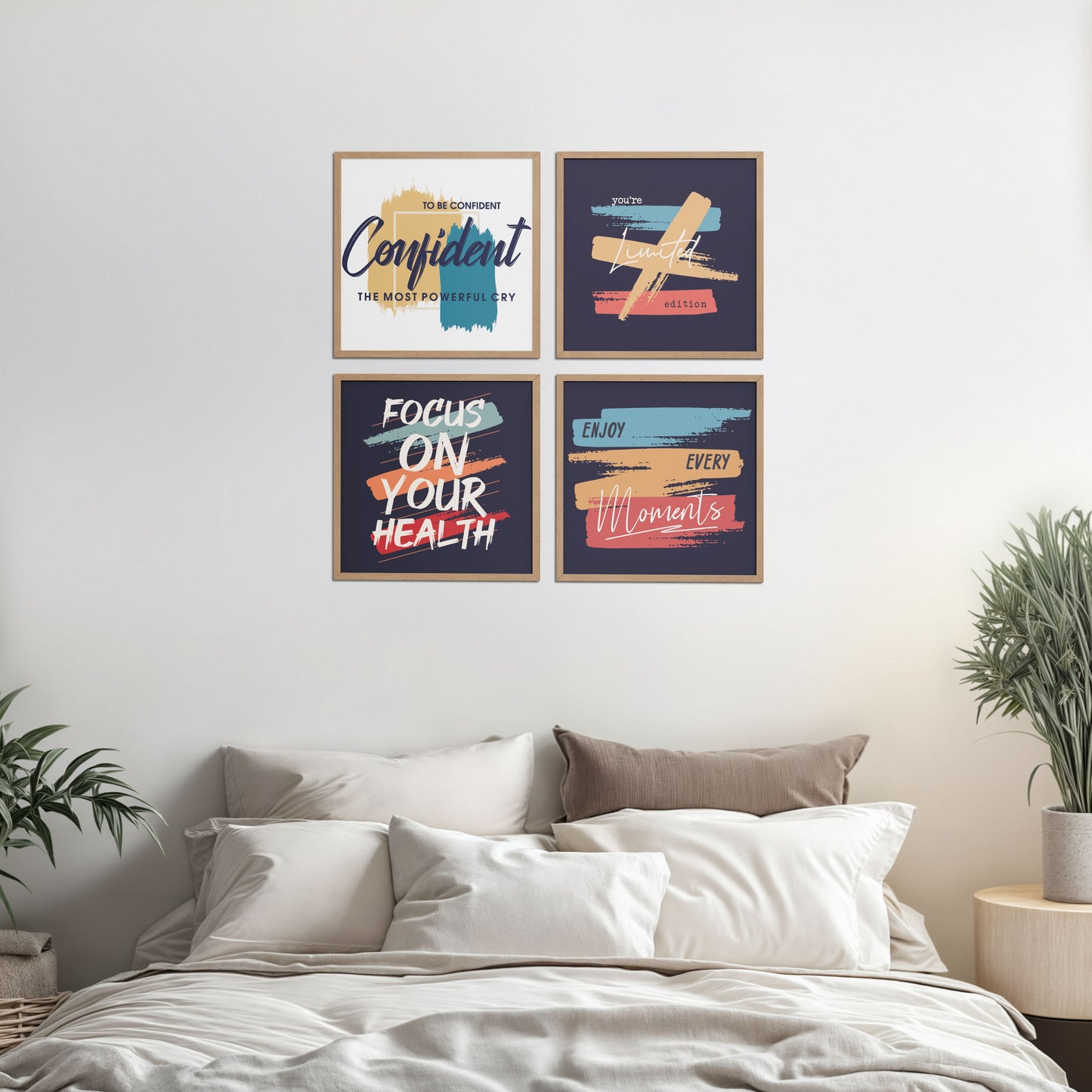 Bed Room Preview of Wellness & Self-Belief Wall Art Set of 4 Frames in Natrual Color Frame