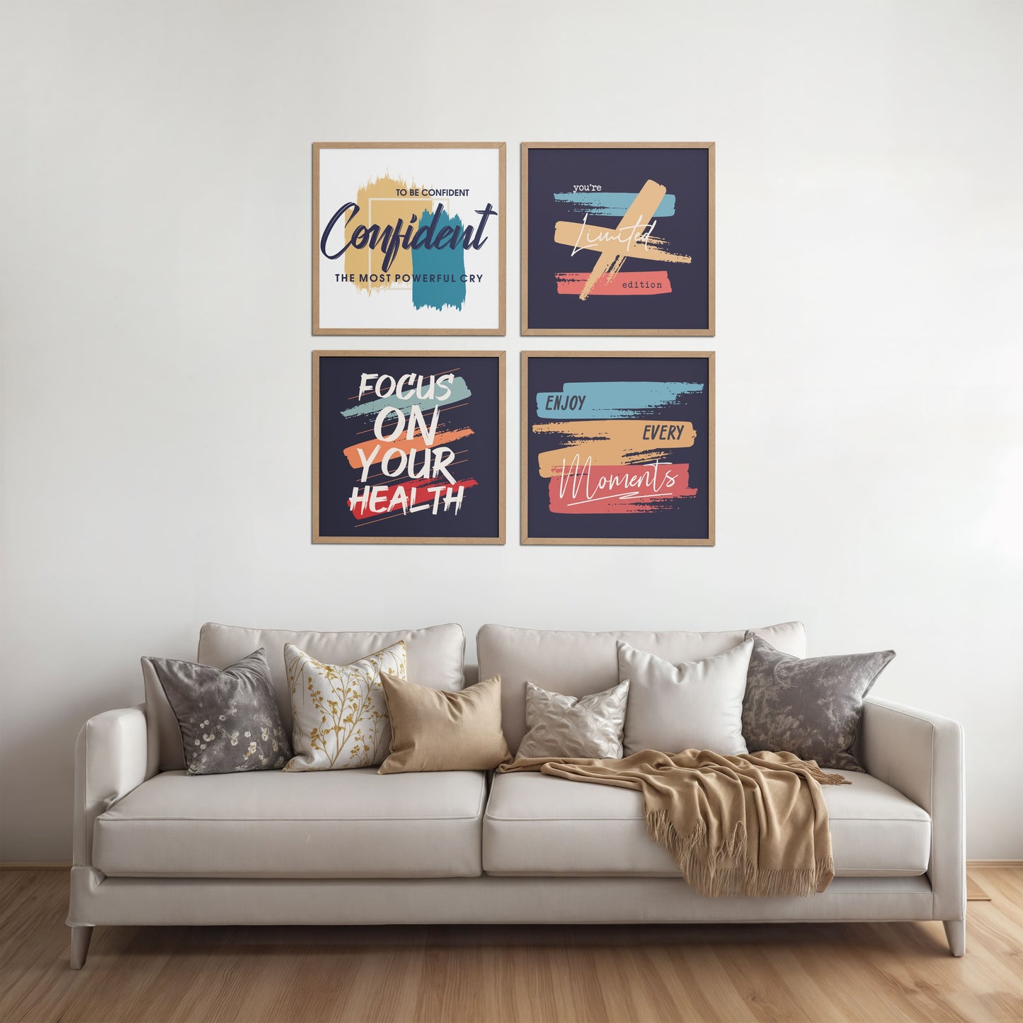 Living Room Sofa Preview of Wellness & Self-Belief Wall Art Set of 4 Frames in Natrual Color Frame