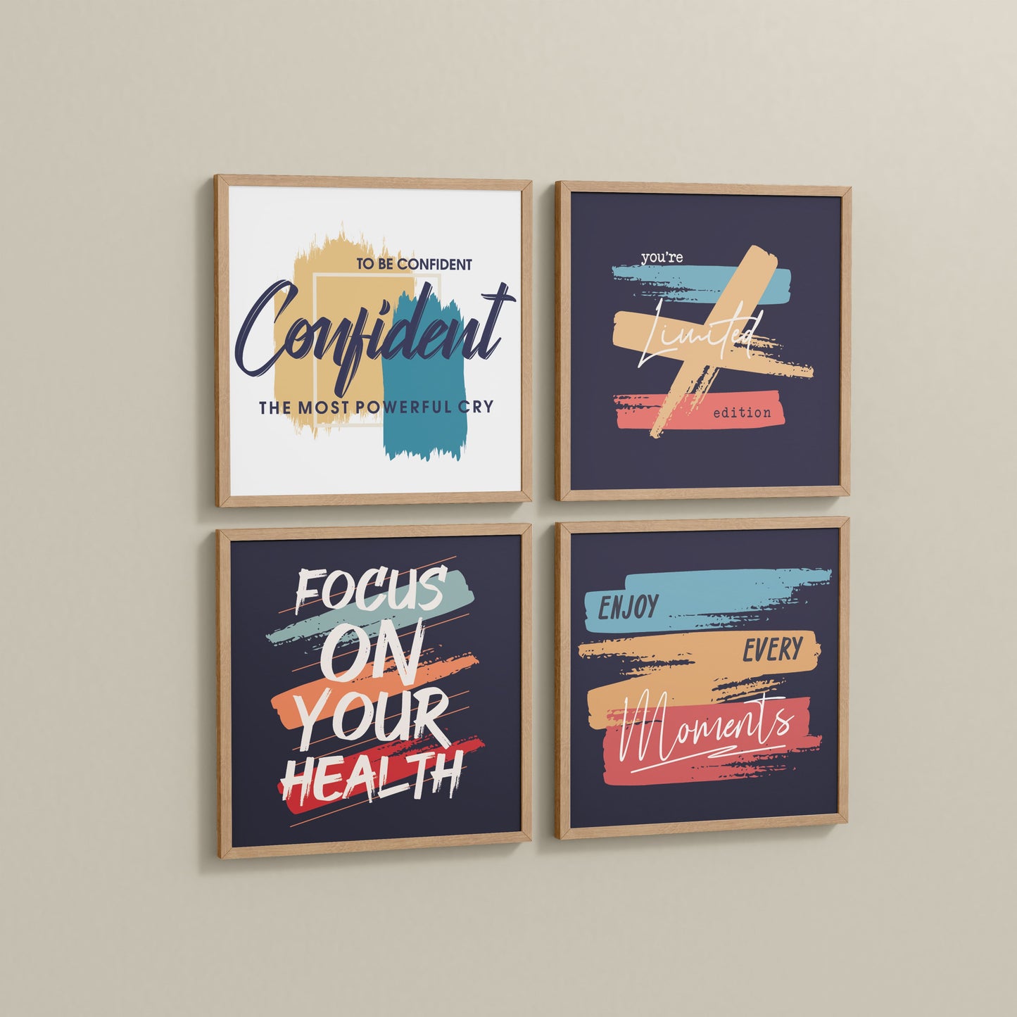 Side View of Wellness & Self-Belief Wall Art Set of 4 Frames in Natrual Color Frame