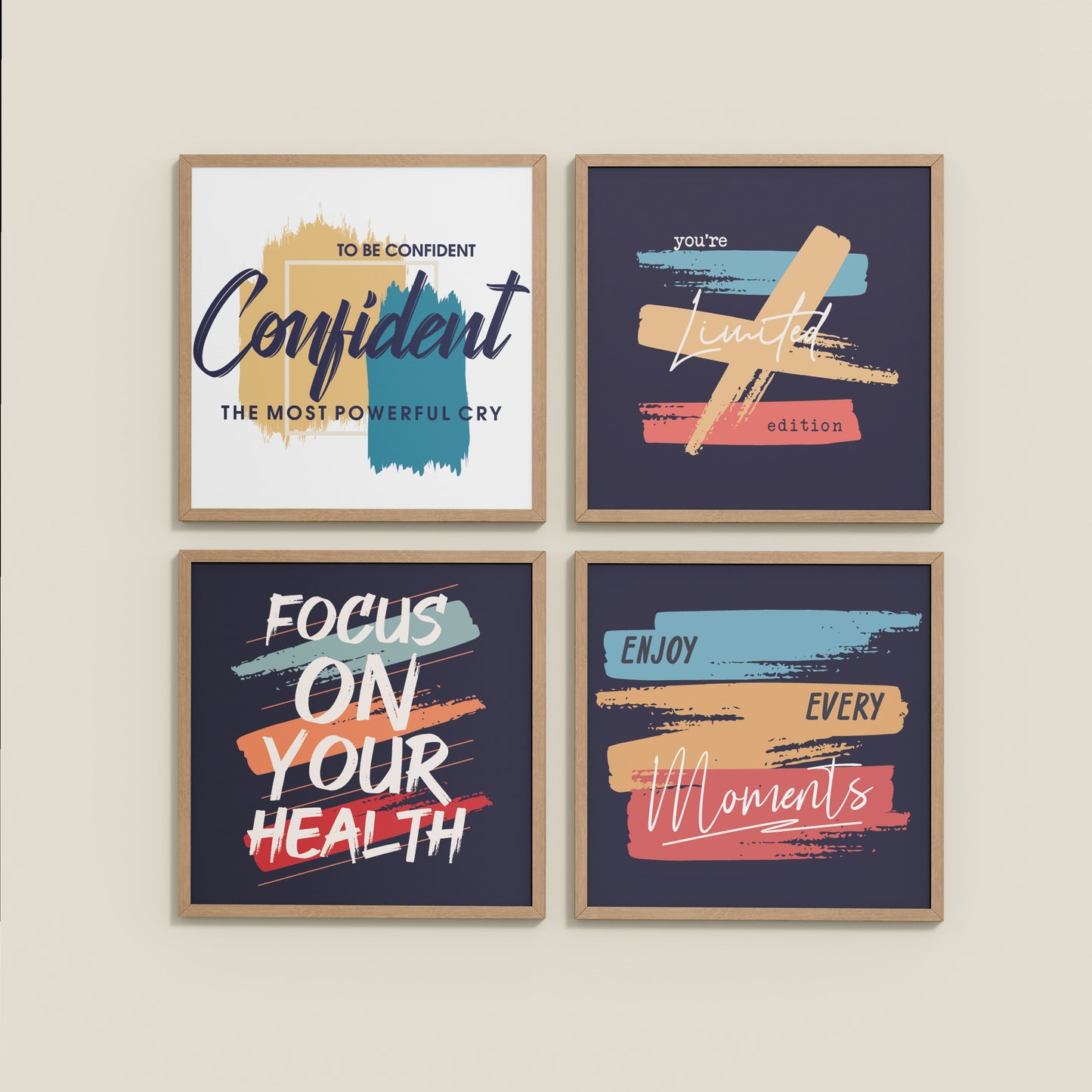 Wall View of Wellness & Self-Belief Wall Art Set of 4 Frames in Natrual Color Frame