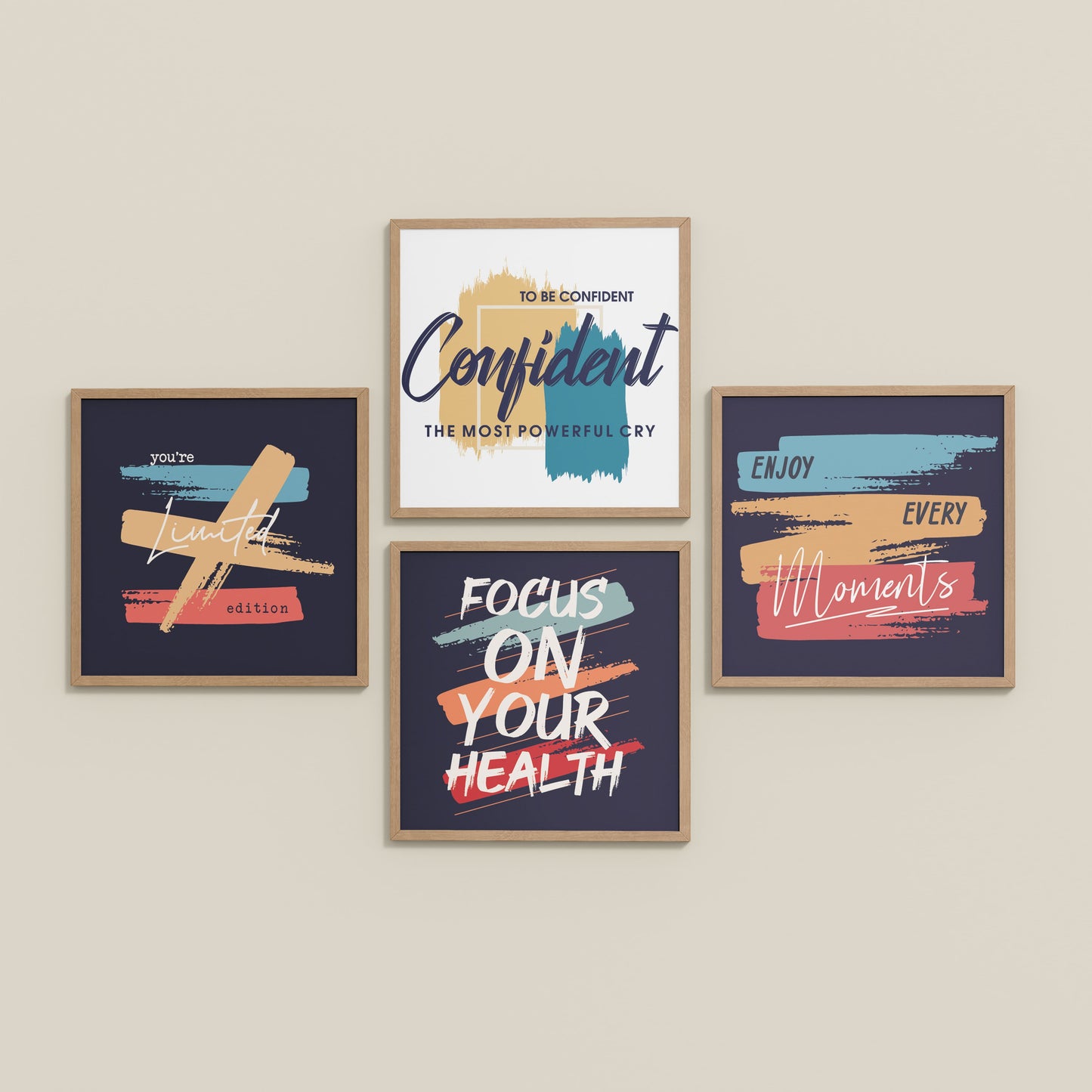 Inclined Floor View of Wellness & Self-Belief Wall Art Set of 4 Frames in Natrual Color Frame