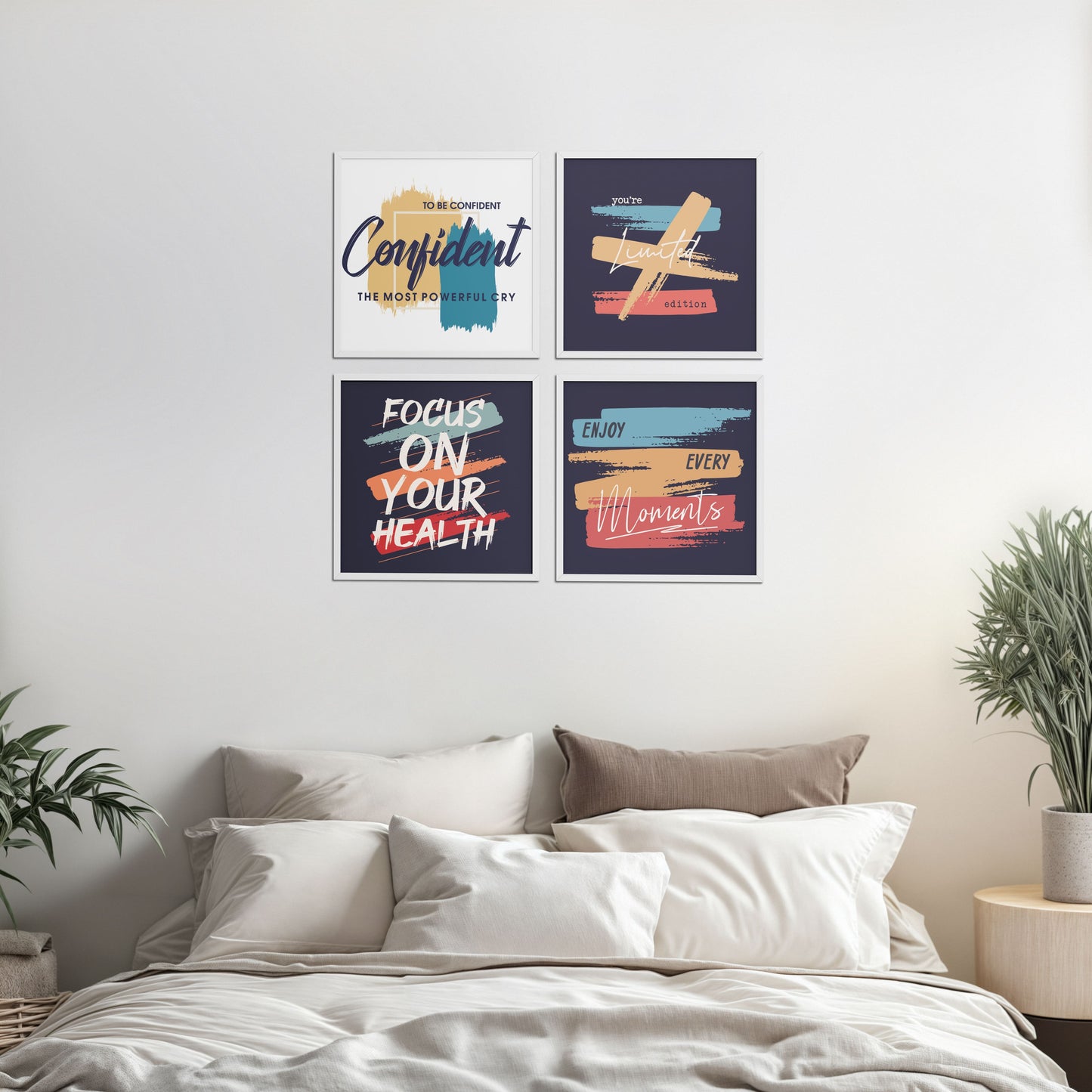 Bed Room Preview of Wellness & Self-Belief Wall Art Set of 4 Frames in White Color Frame