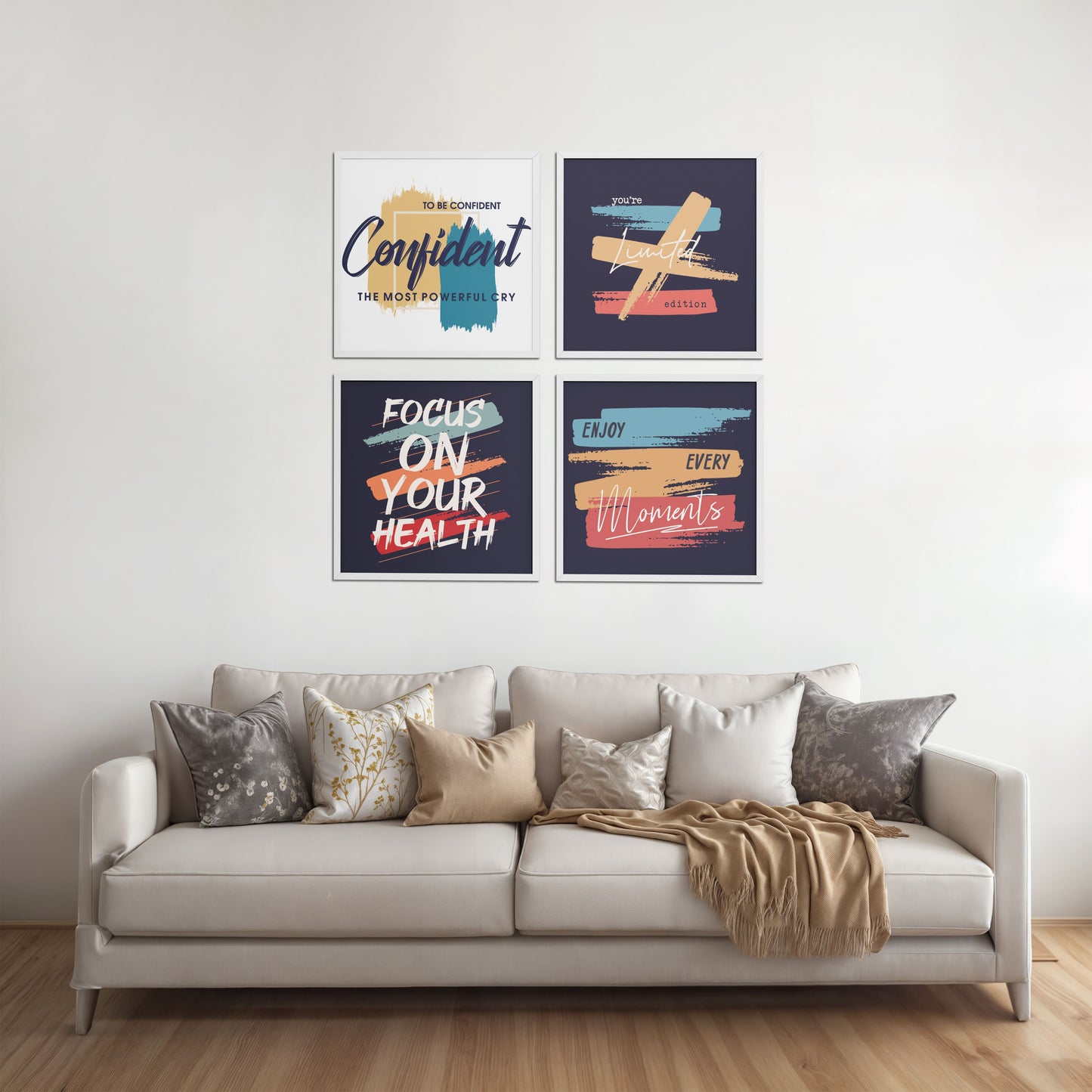 Living Room Sofa Preview of Wellness & Self-Belief Wall Art Set of 4 Frames in White Color Frame