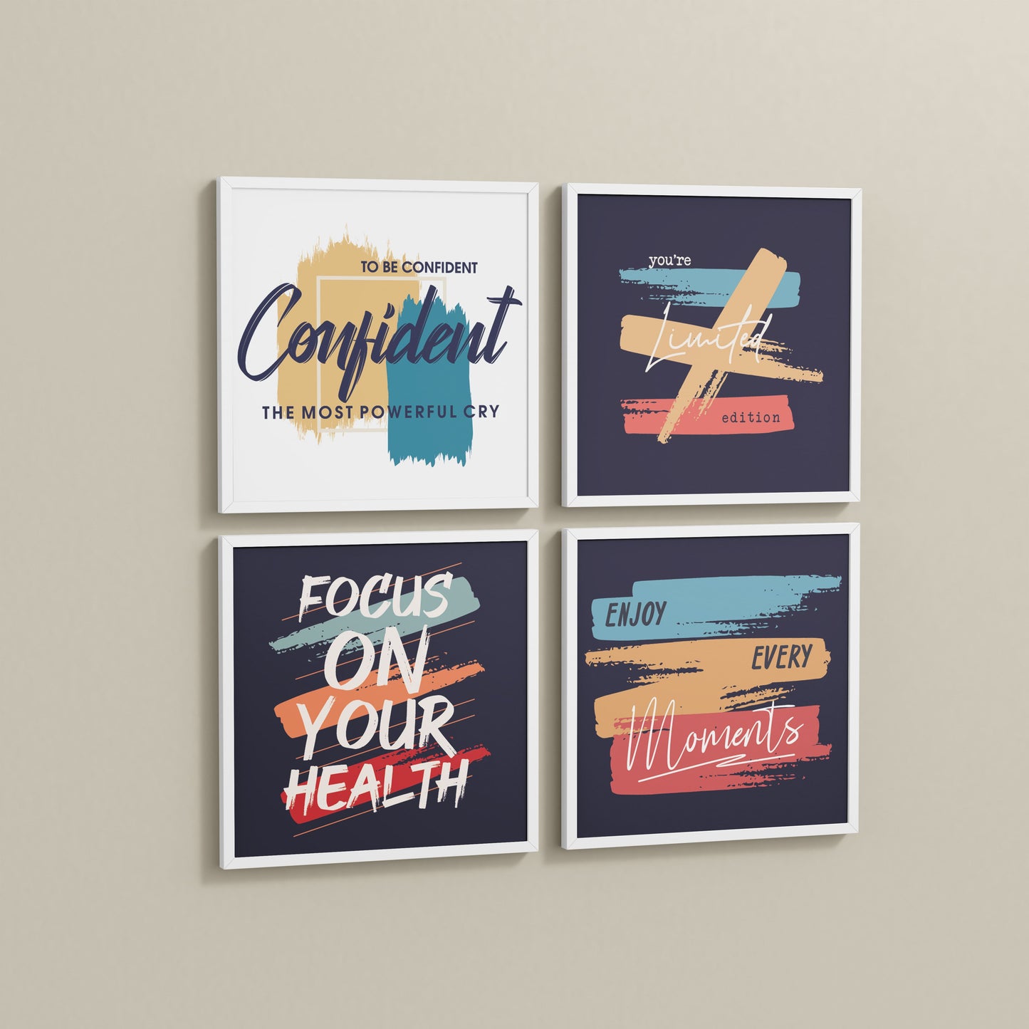 Side View of Wellness & Self-Belief Wall Art Set of 4 Frames in White Color Frame