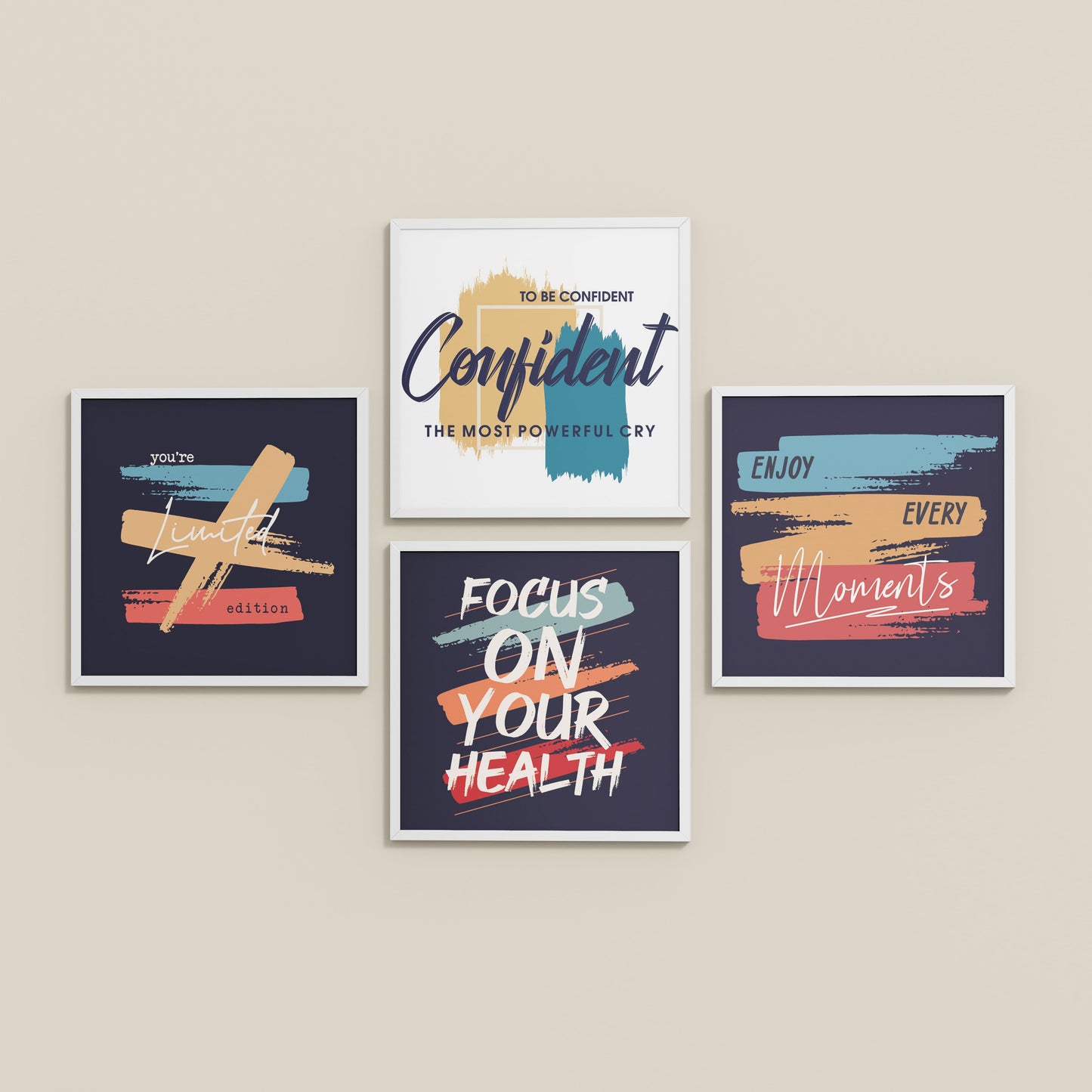 Inclined Floor View of Wellness & Self-Belief Wall Art Set of 4 Frames in White Color Frame