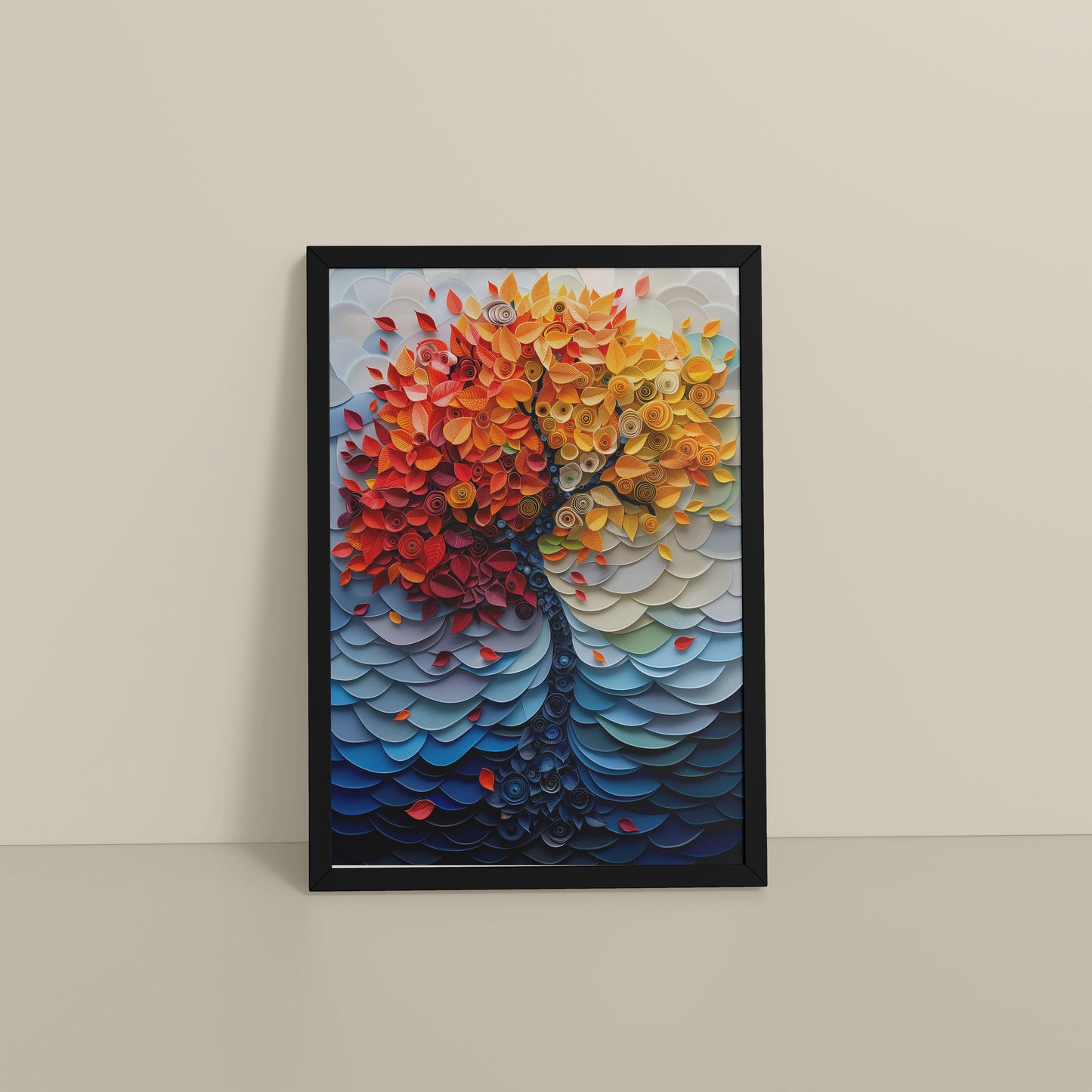 Floor View of Radiant Growth – Colorful Leaves Tree Wall Art Frame in Black Color Frame