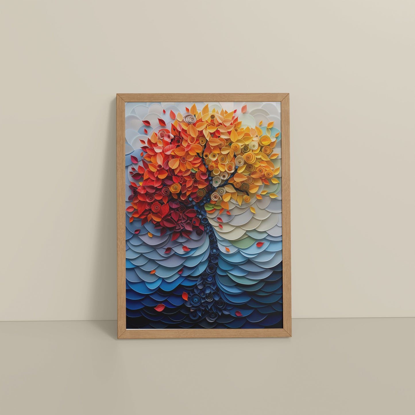 Floor View of Radiant Growth – Colorful Leaves Tree Wall Art Frame in Natrual Color Frame