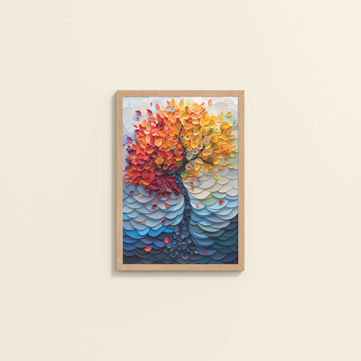 Wall View of Radiant Growth – Colorful Leaves Tree Wall Art Frame in Natrual Color Frame