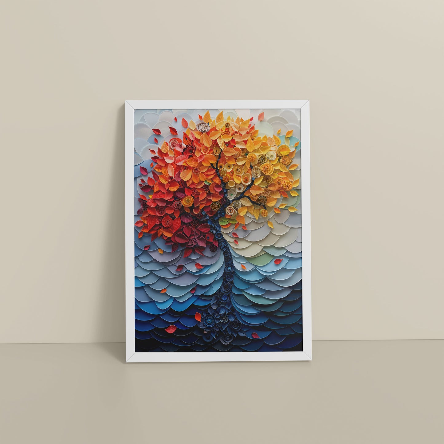 Floor View of Radiant Growth – Colorful Leaves Tree Wall Art Frame in White Color Frame